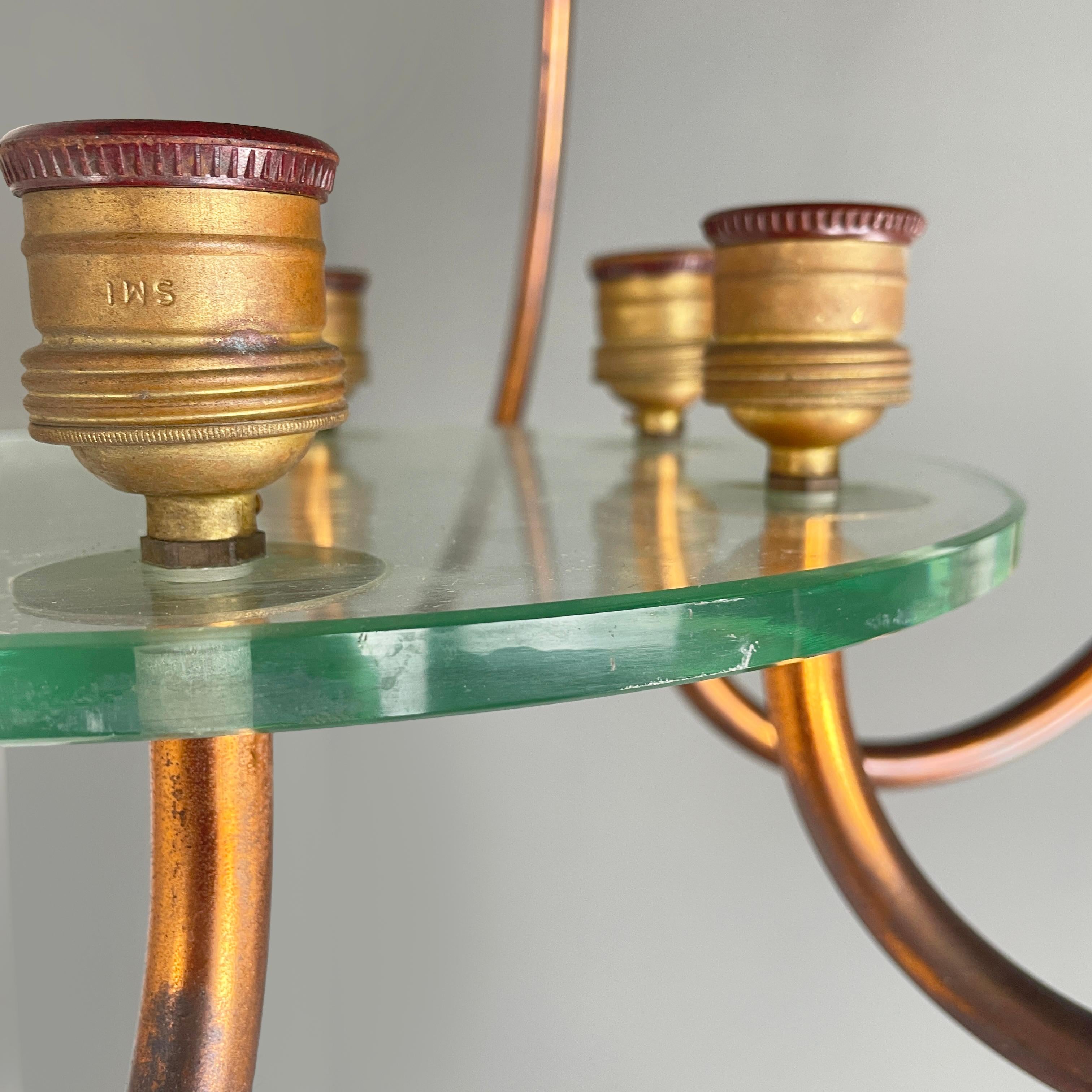 Italian art deco chandelier with six light in copper and glass, 1940s in vendita 3
