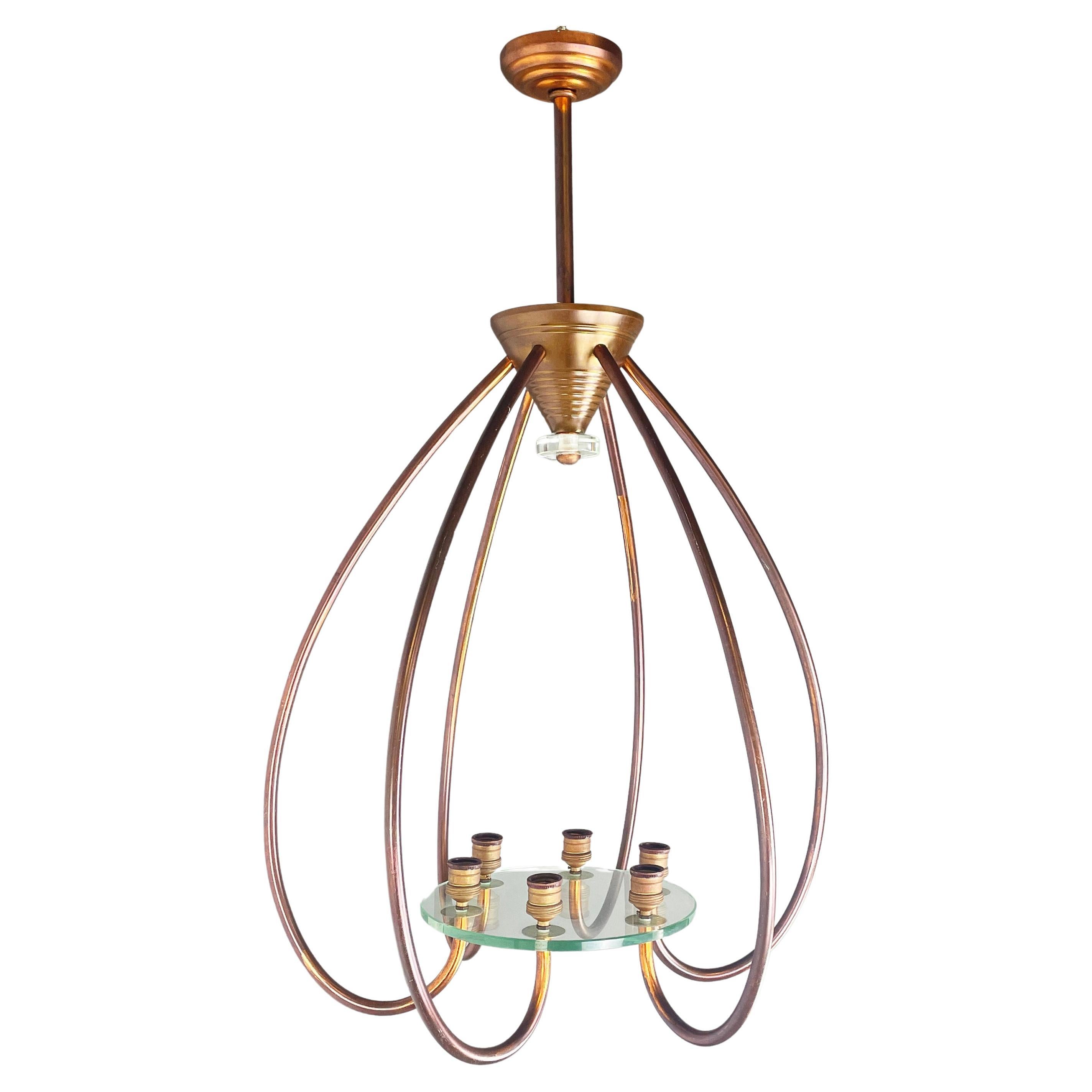 Italian art deco chandelier with six light in copper and glass, 1940s