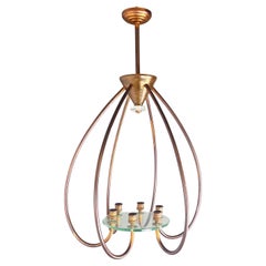 Italienischer Art-Deco-Kronleuchter mit sechs Lichtern aus Kupfer und Glas, 1940er Jahre