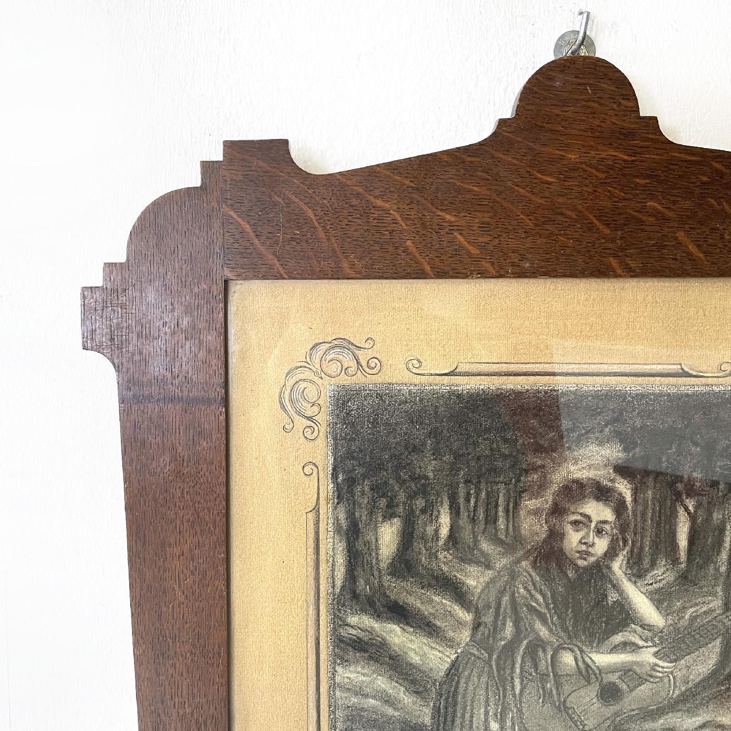 Italian Art Deco charcoal drawing with decorated wooden frame, 1930s 5