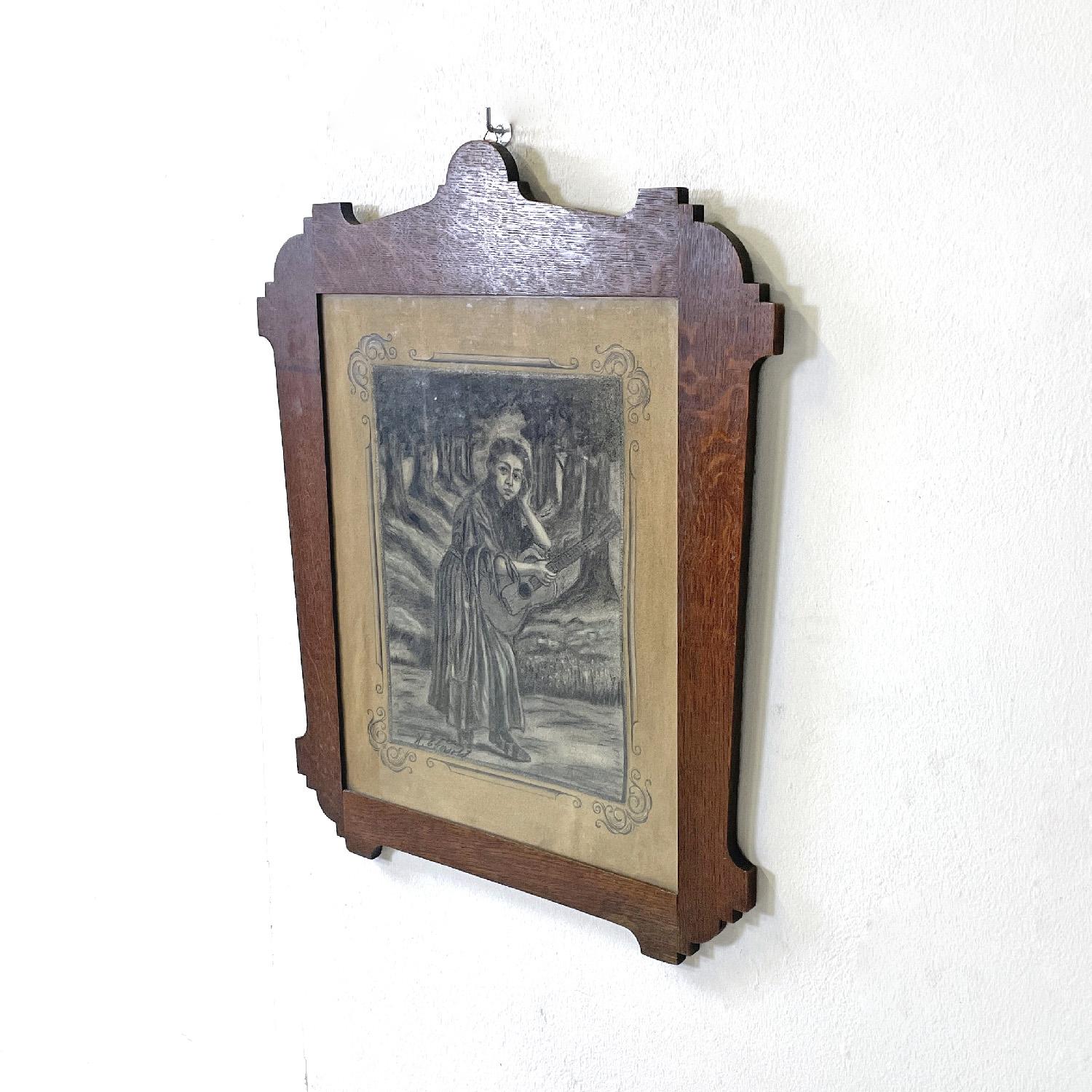 Italian Art Deco charcoal drawing with decorated wooden frame, 1930s
Painting with charcoal drawing and wooden frame. The drawing represents a girl playing the guitar in a forest, the drawing is enriched on the sides and corners by decorations and