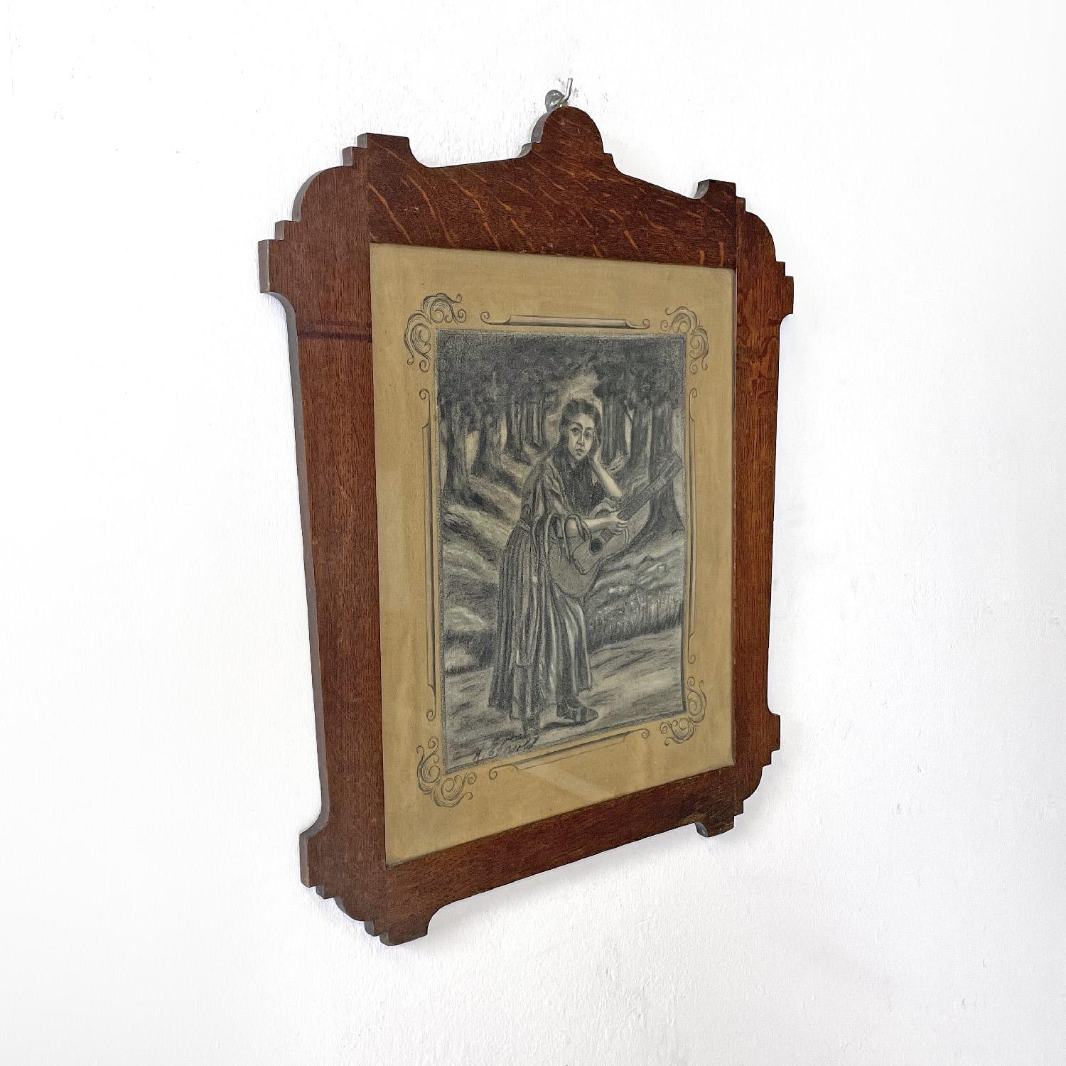 Italian Art Deco charcoal drawing with decorated wooden frame, 1930s In Good Condition In MIlano, IT