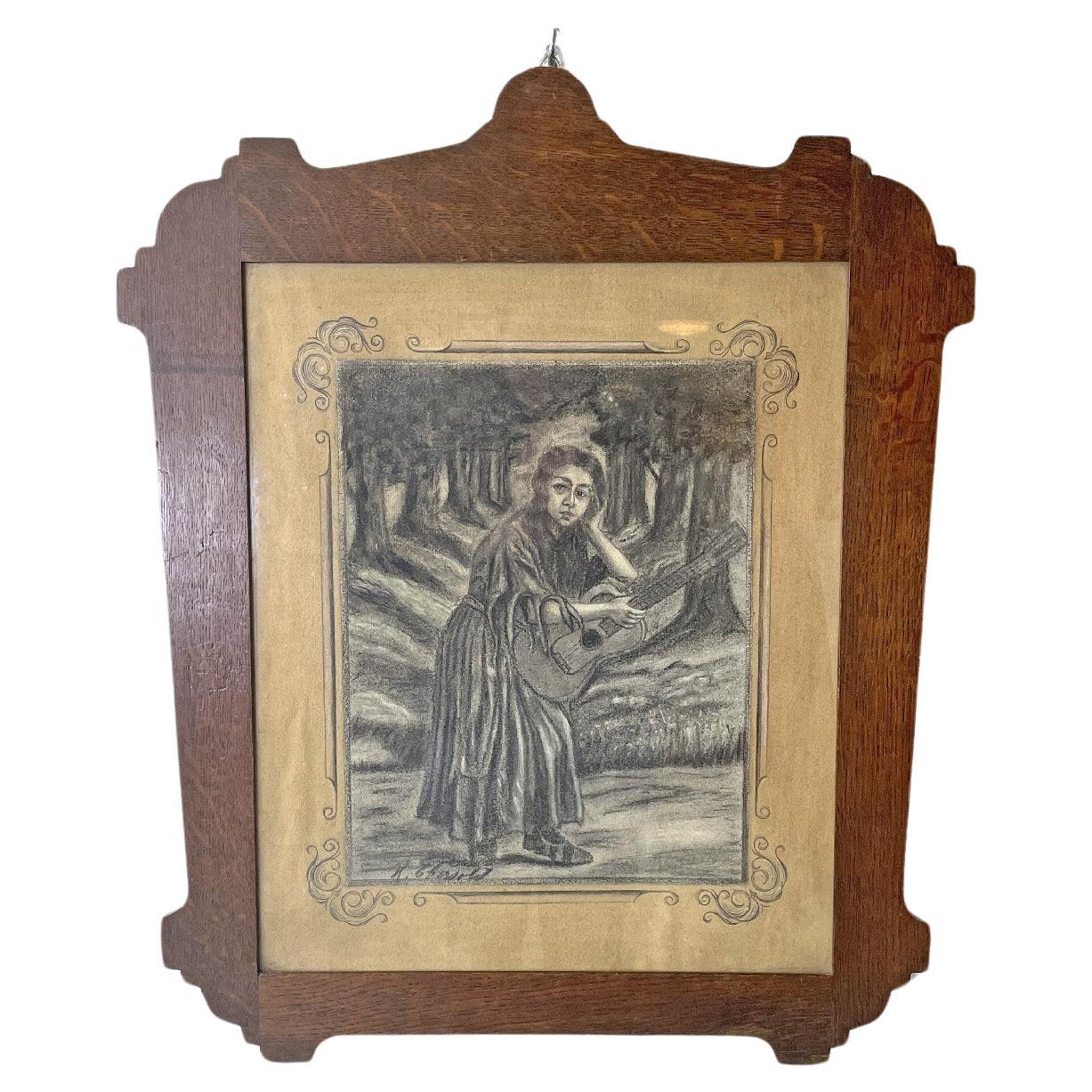 Dessin au fusain italien Art déco avec cadre en bois décoré, années 1930