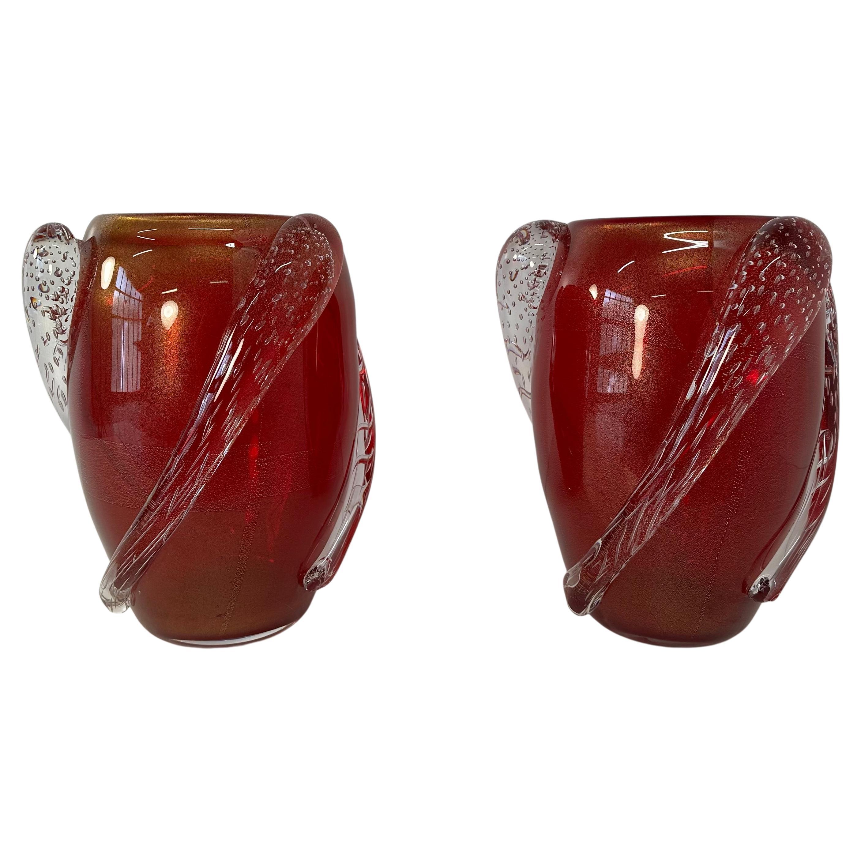 Italian Art Deco Cherry Red, Gold Leaf and Transparent Murano Glass Vases 