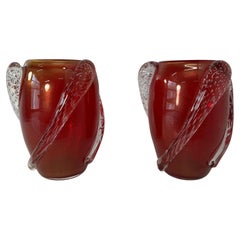 Vasi in vetro di Murano trasparente, foglia d'oro e rosso ciliegia Art Deco italiano