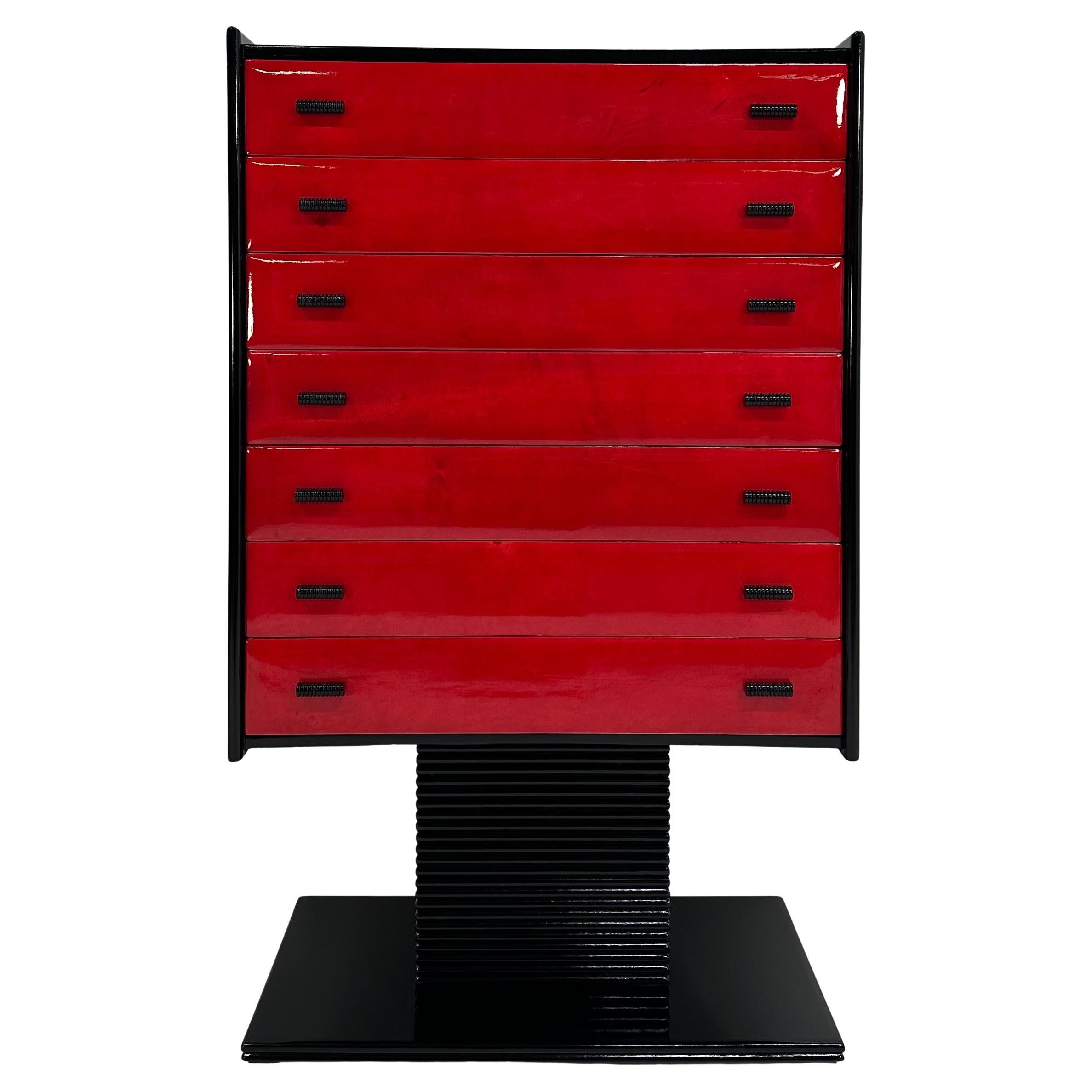 Italienische Kommode im Art déco-Stil aus Kirschrotem Pergament und schwarzem Lack, 1950er Jahre