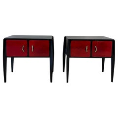 Italian Art Deco Cherry Red Parchment and Black Nightstands, 1950s