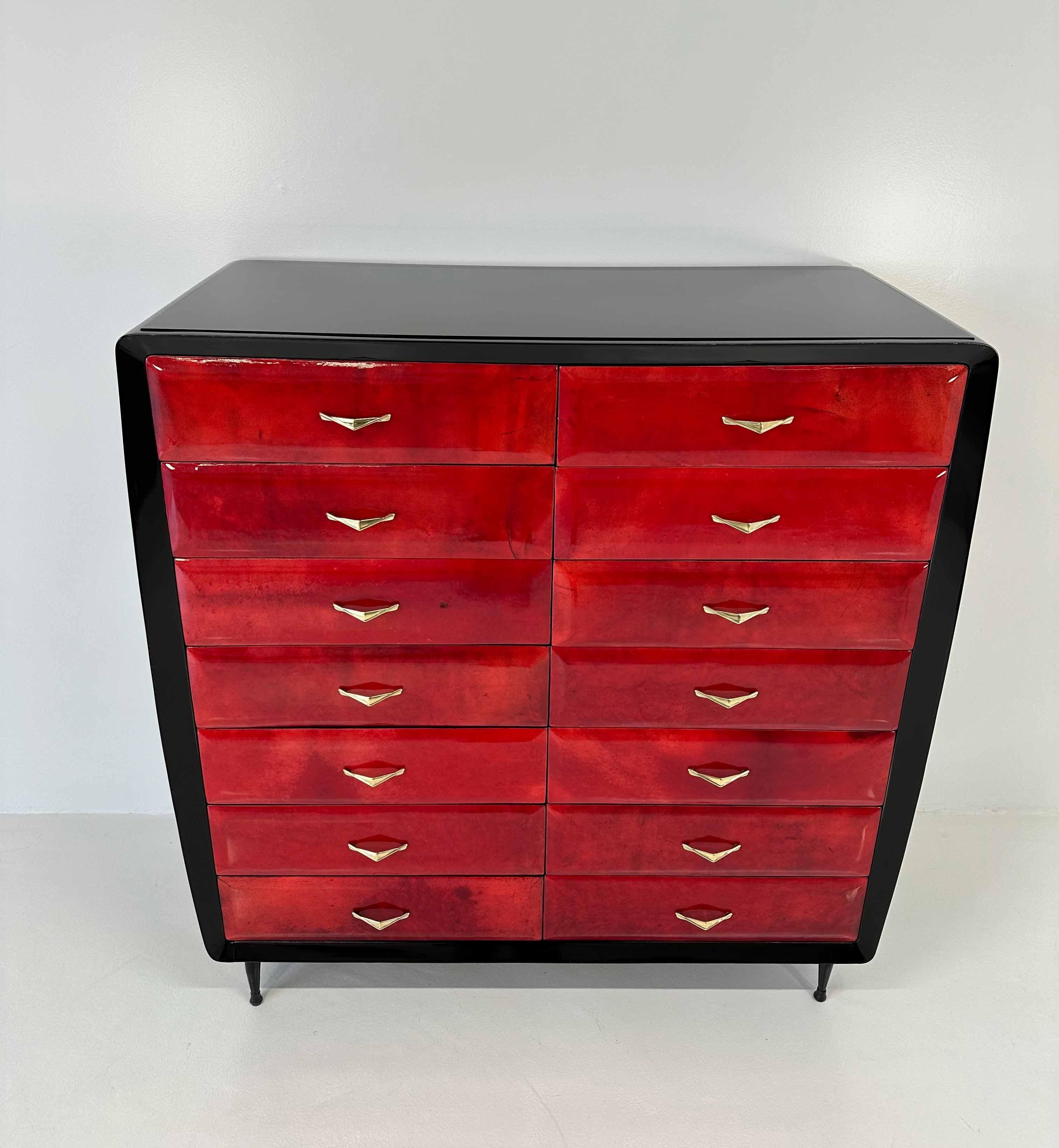 Mid-20th Century Italian Art Deco Cherry Red Parchment Chest of 14 Drawers, 1950s For Sale