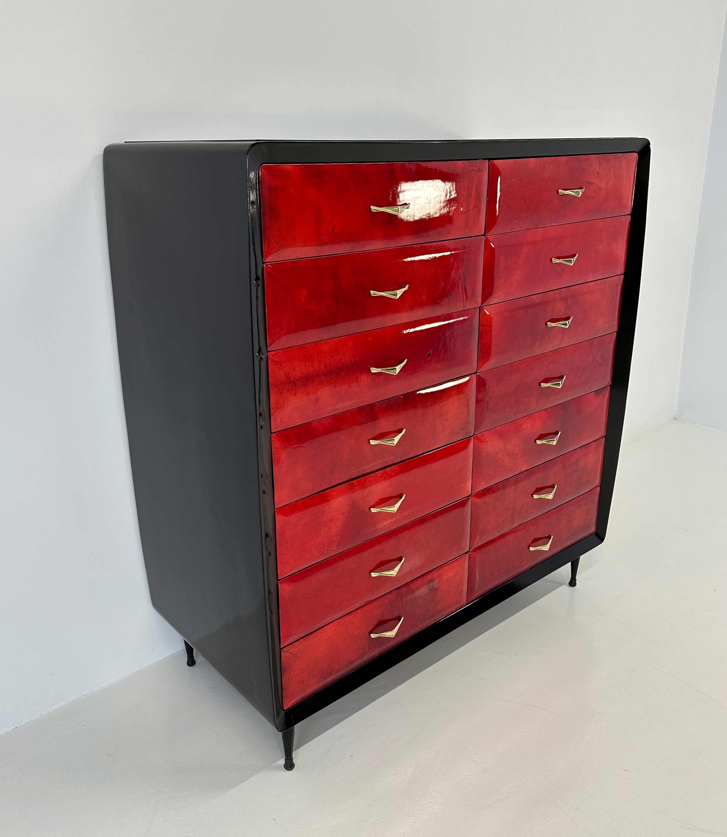 Lacquer Italian Art Deco Cherry Red Parchment Chest of 14 Drawers, 1950s For Sale