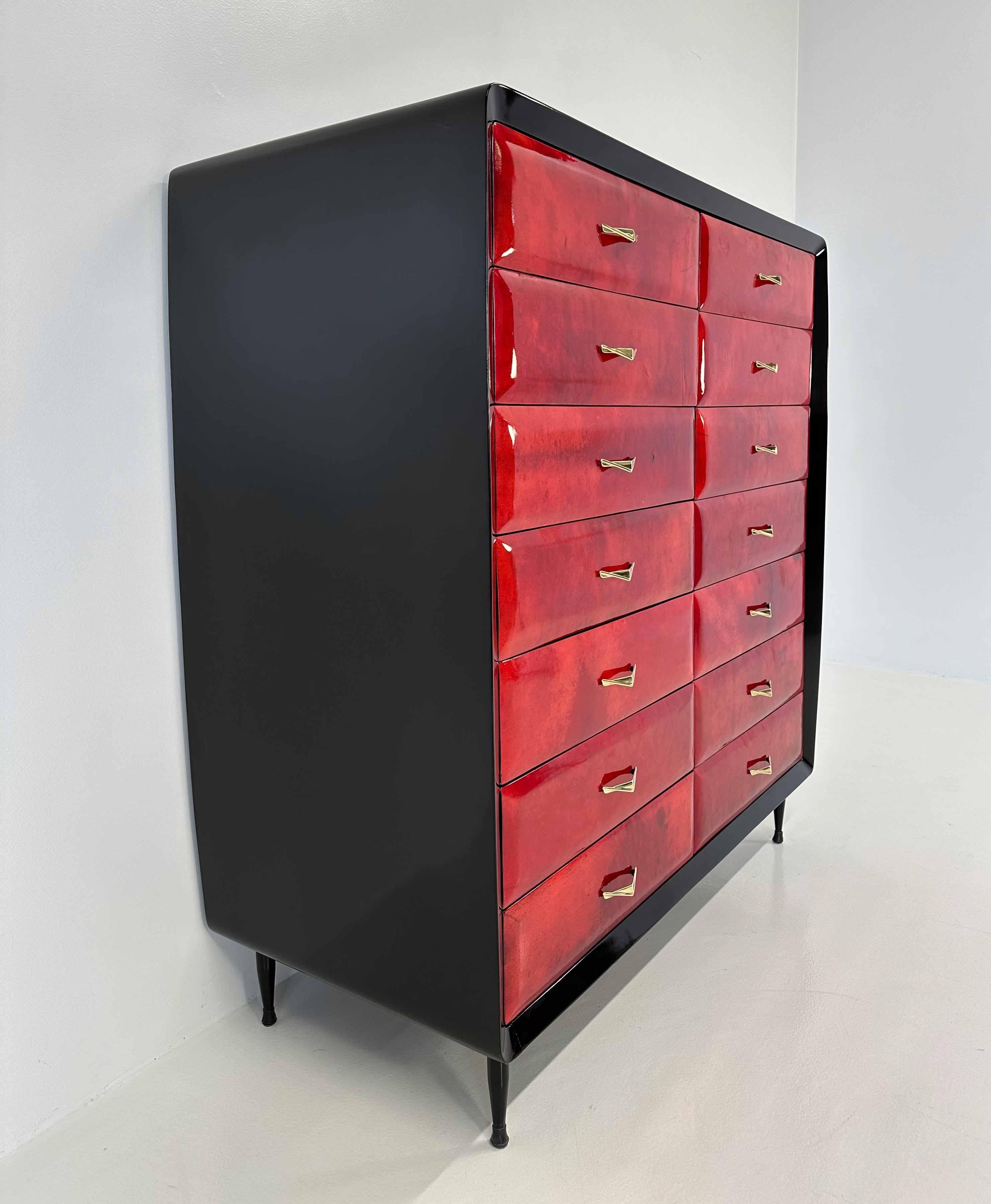 Italian Art Deco Cherry Red Parchment Chest of 14 Drawers, 1950s For Sale 1