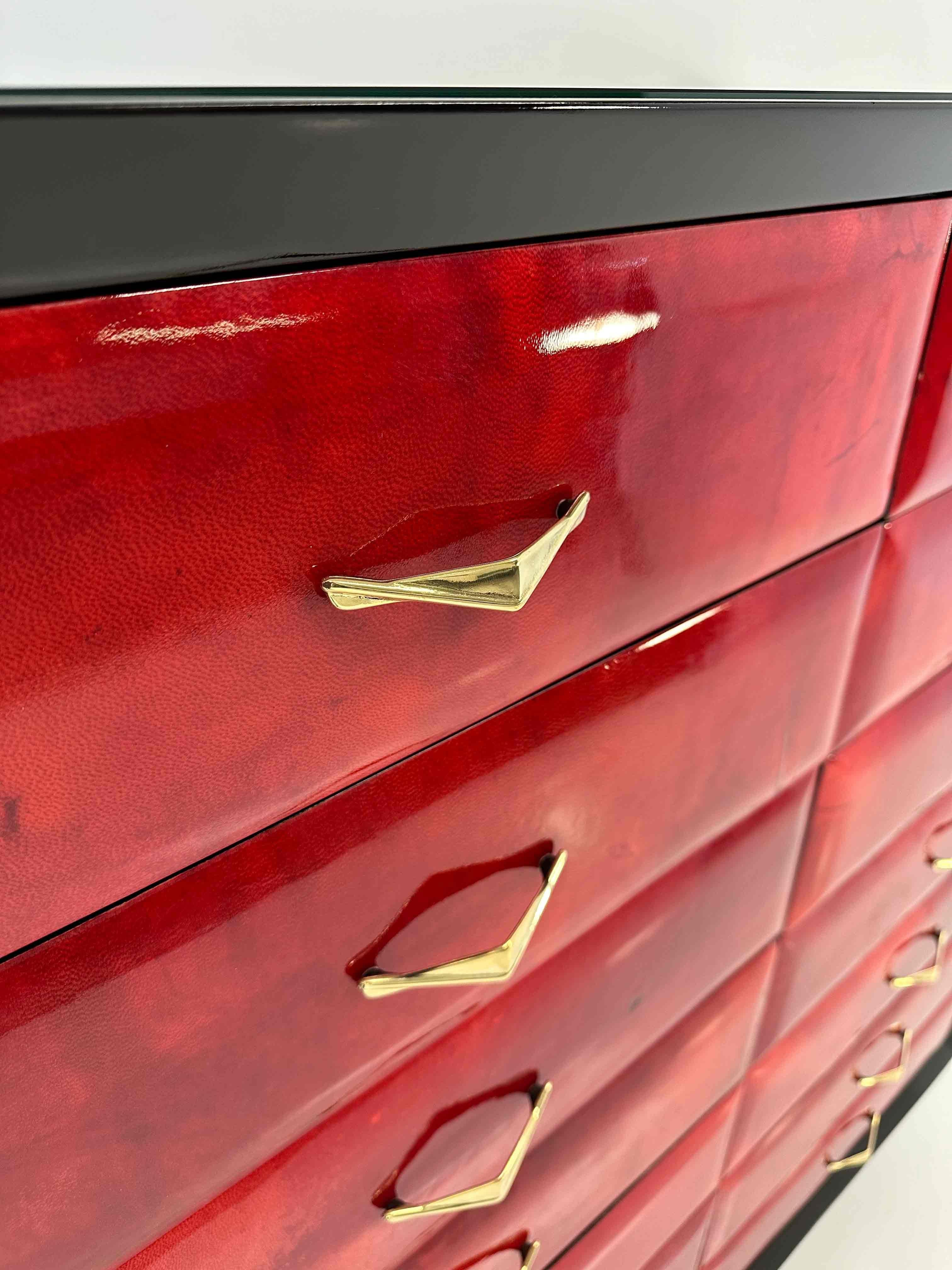 Italian Art Deco Cherry Red Parchment Chest of 14 Drawers, 1950s For Sale 4