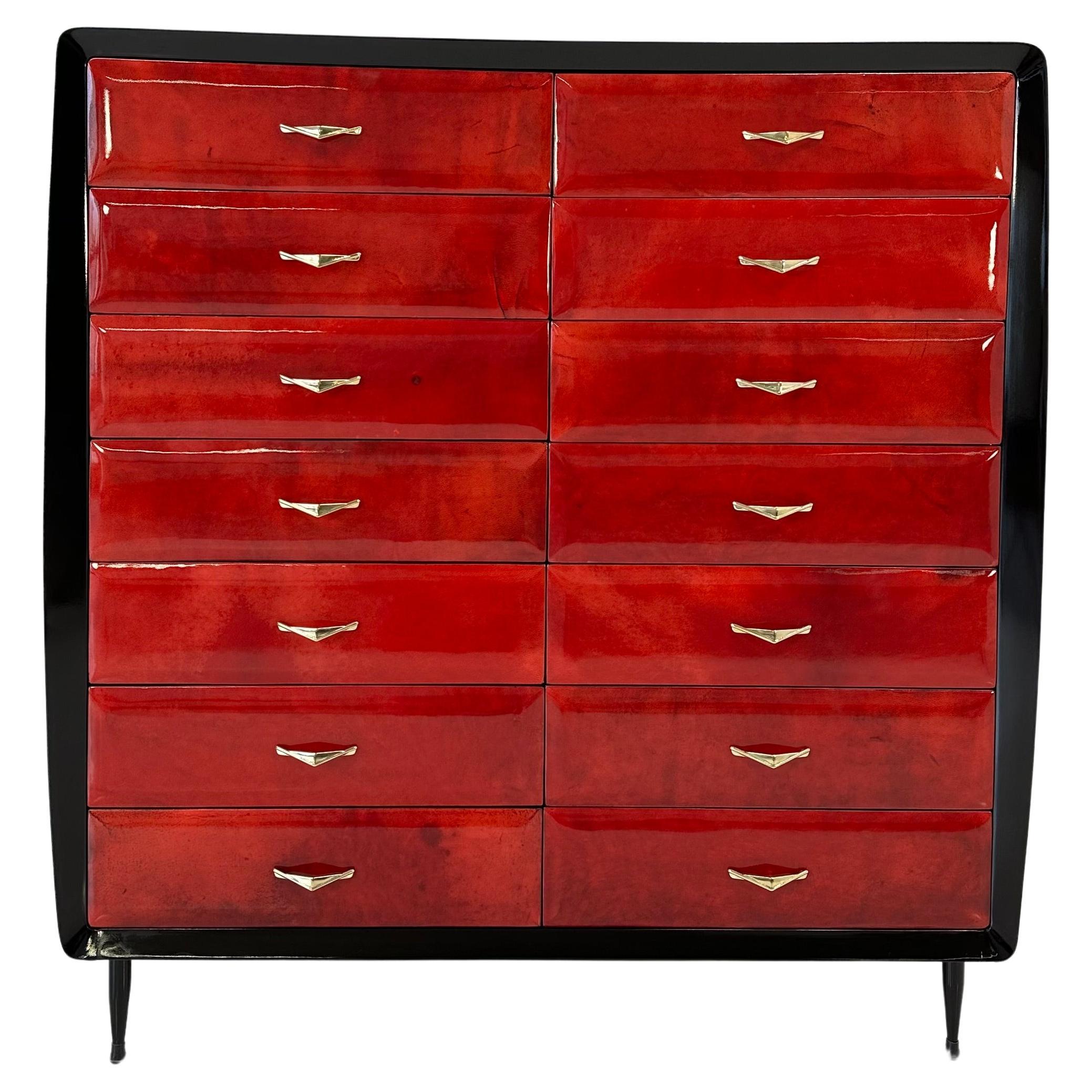 Italian Art Deco Cherry Red Parchment Chest of 14 Drawers, 1950s For Sale