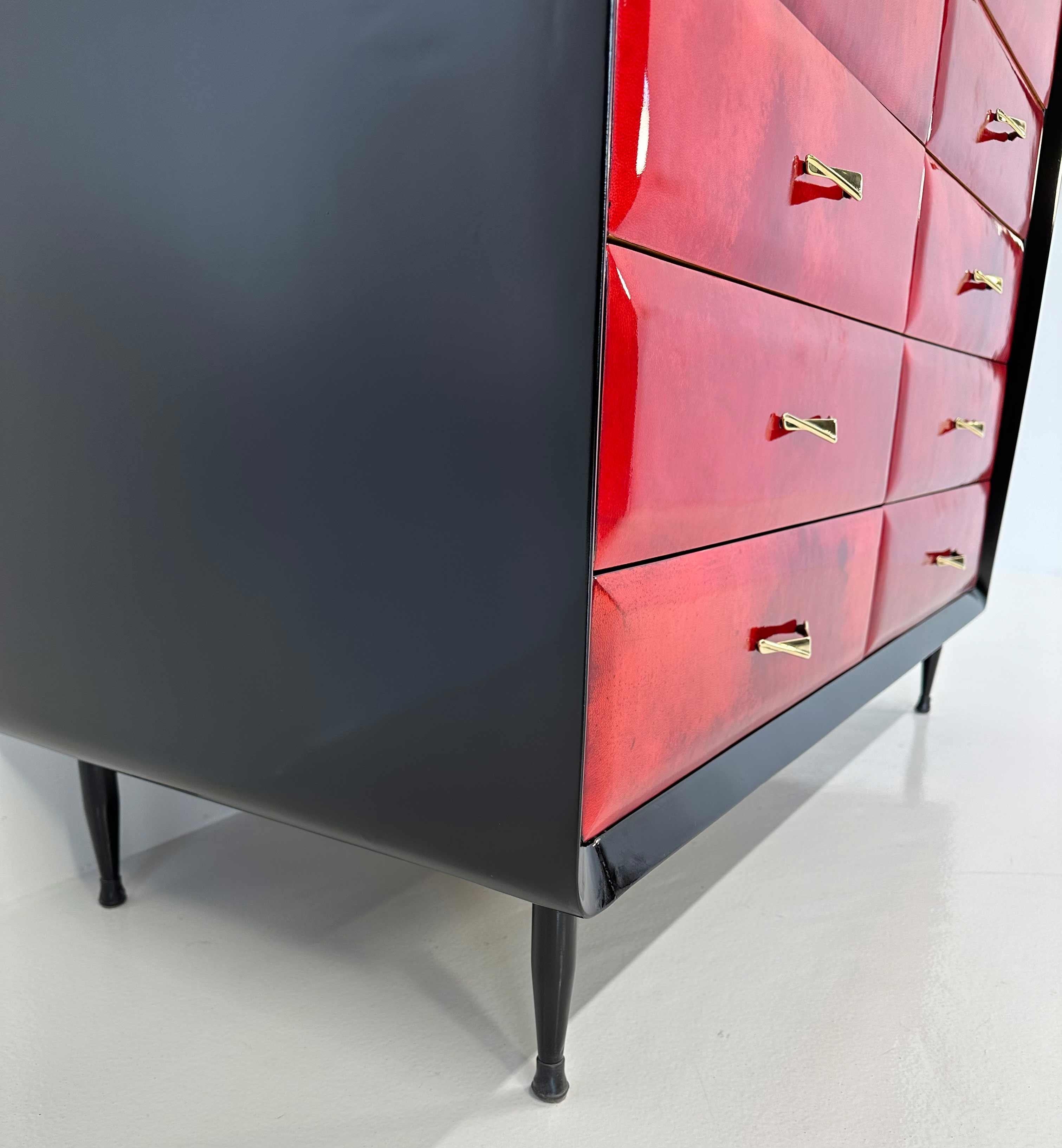 Italian Art Deco Cherry Red Parchment Chest of 14 Drawers, 1950s For Sale 5