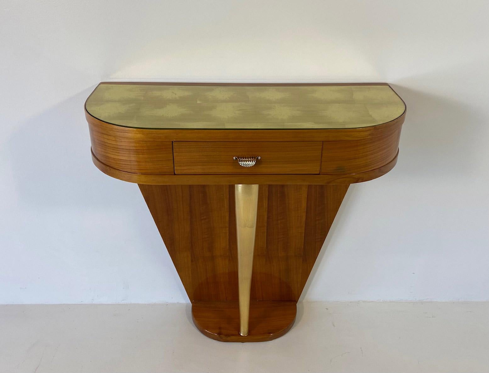 Italian Art Deco Cherry Wood and Gold Leaf Console, 1940s, Attr. to Buffa In Good Condition In Meda, MB