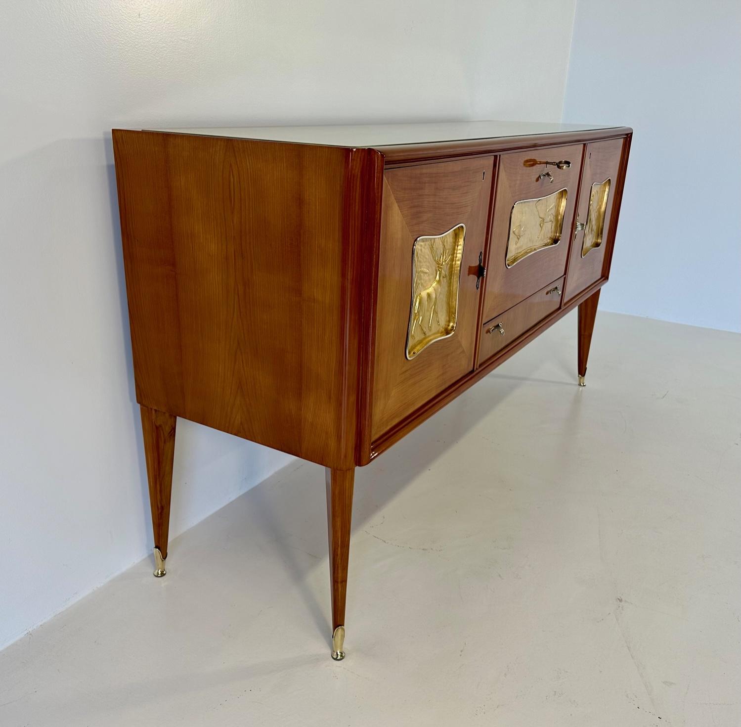 Italian Art Deco Cherry Wood, Brass, Gold Leaf and Glass Sideboard, 1940s 1