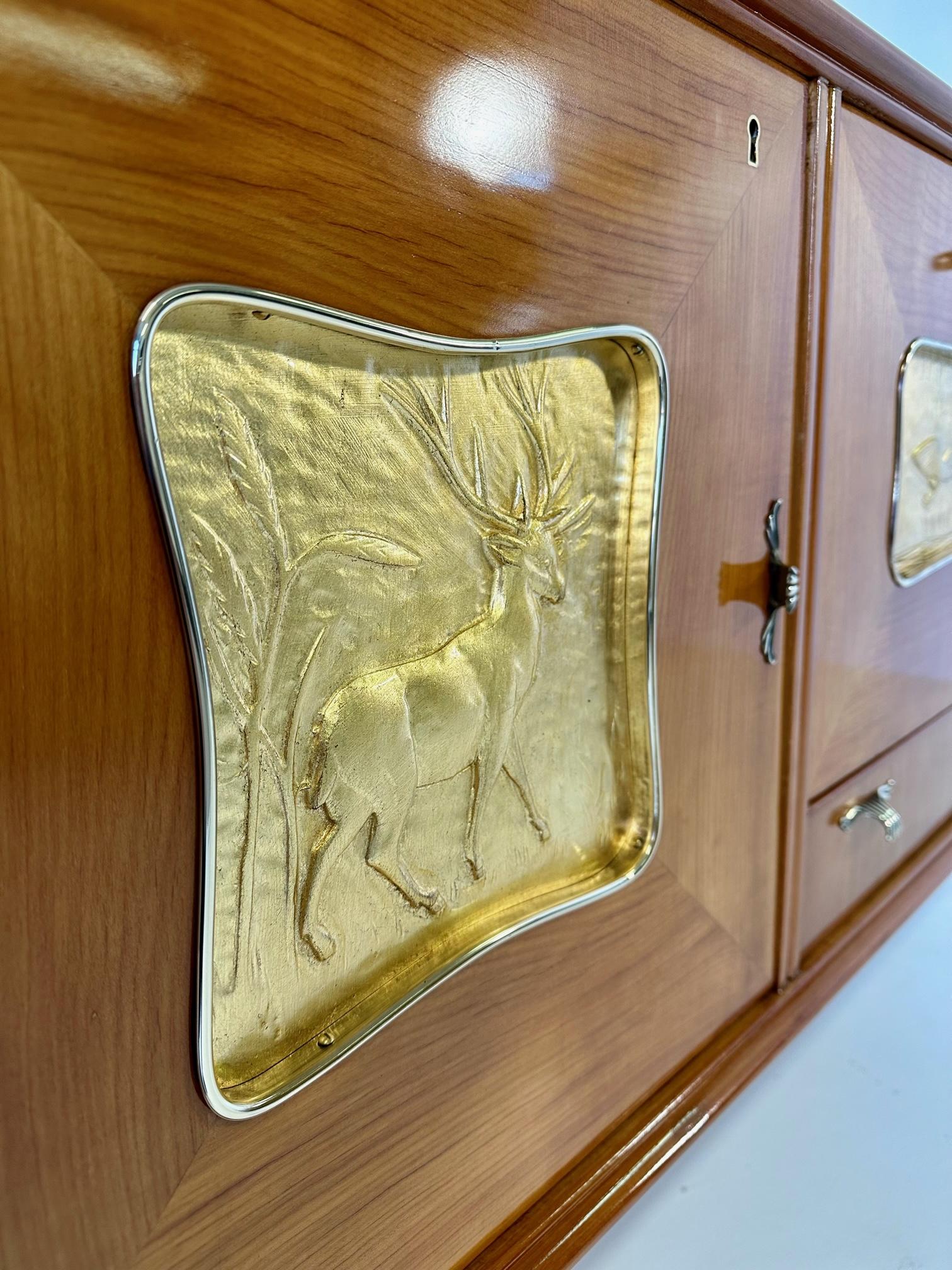 Italian Art Deco Cherry Wood, Brass, Gold Leaf and Glass Sideboard, 1940s 3