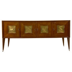 Italian Art Deco Cherry Wood, Brass, Gold Leaf and Glass Sideboard, 1940s
