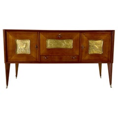 Italian Art Deco Cherry Wood, Brass, Gold Leaf and Glass Sideboard, 1940s