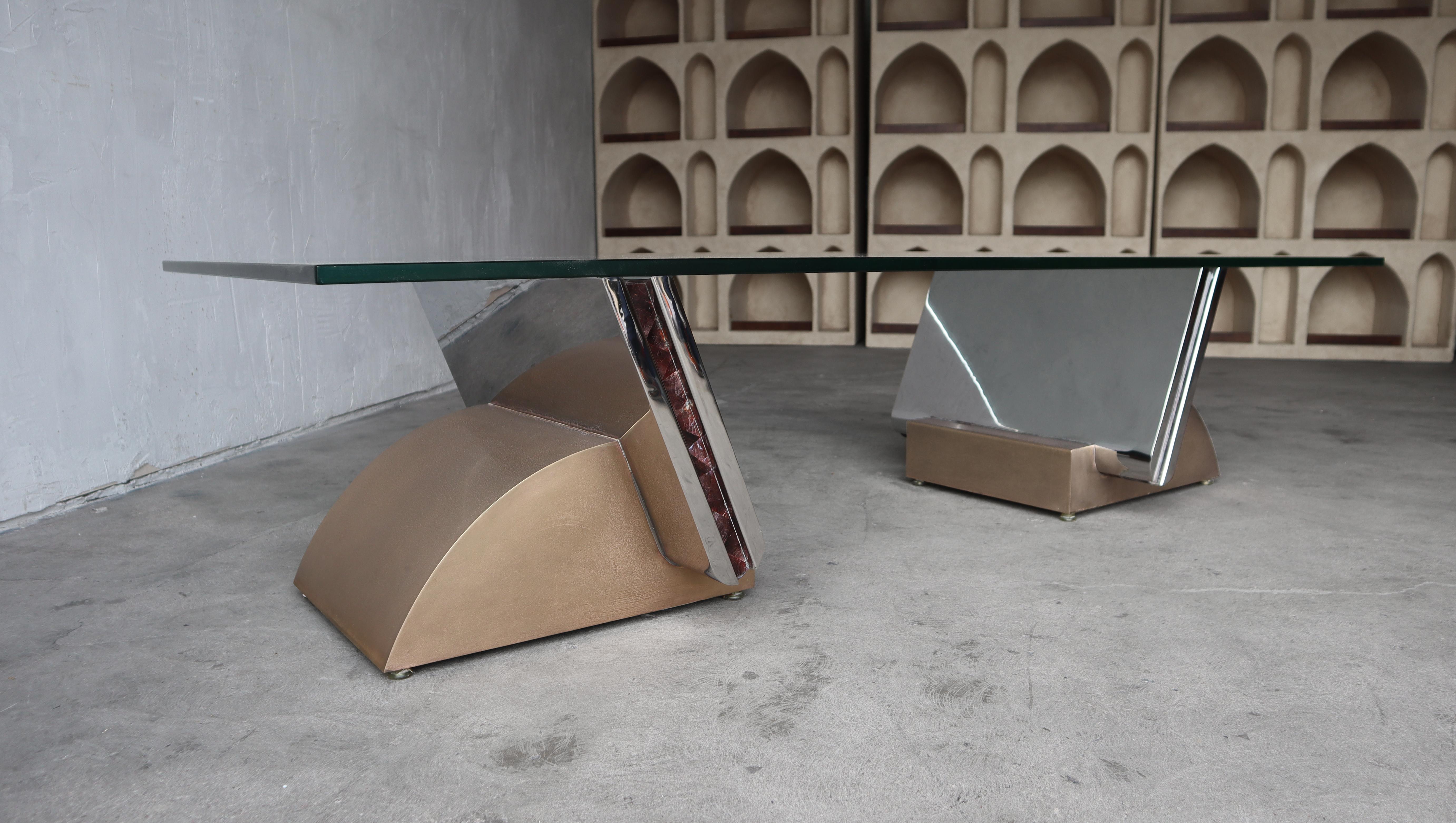 Polished Italian Art Deco Chrome and Bronze Coffee Table For Sale