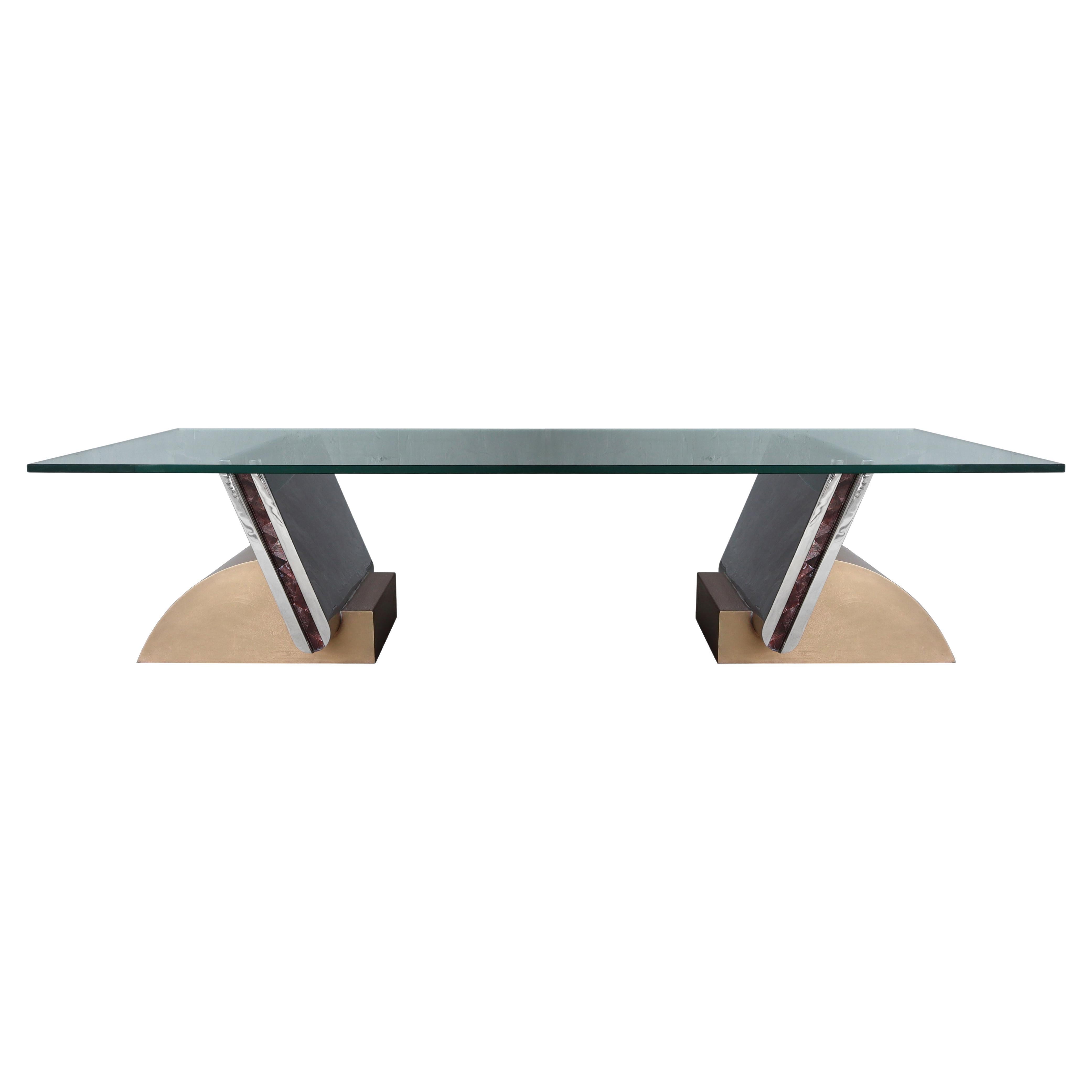 Table basse italienne Art déco en chrome et bronze
