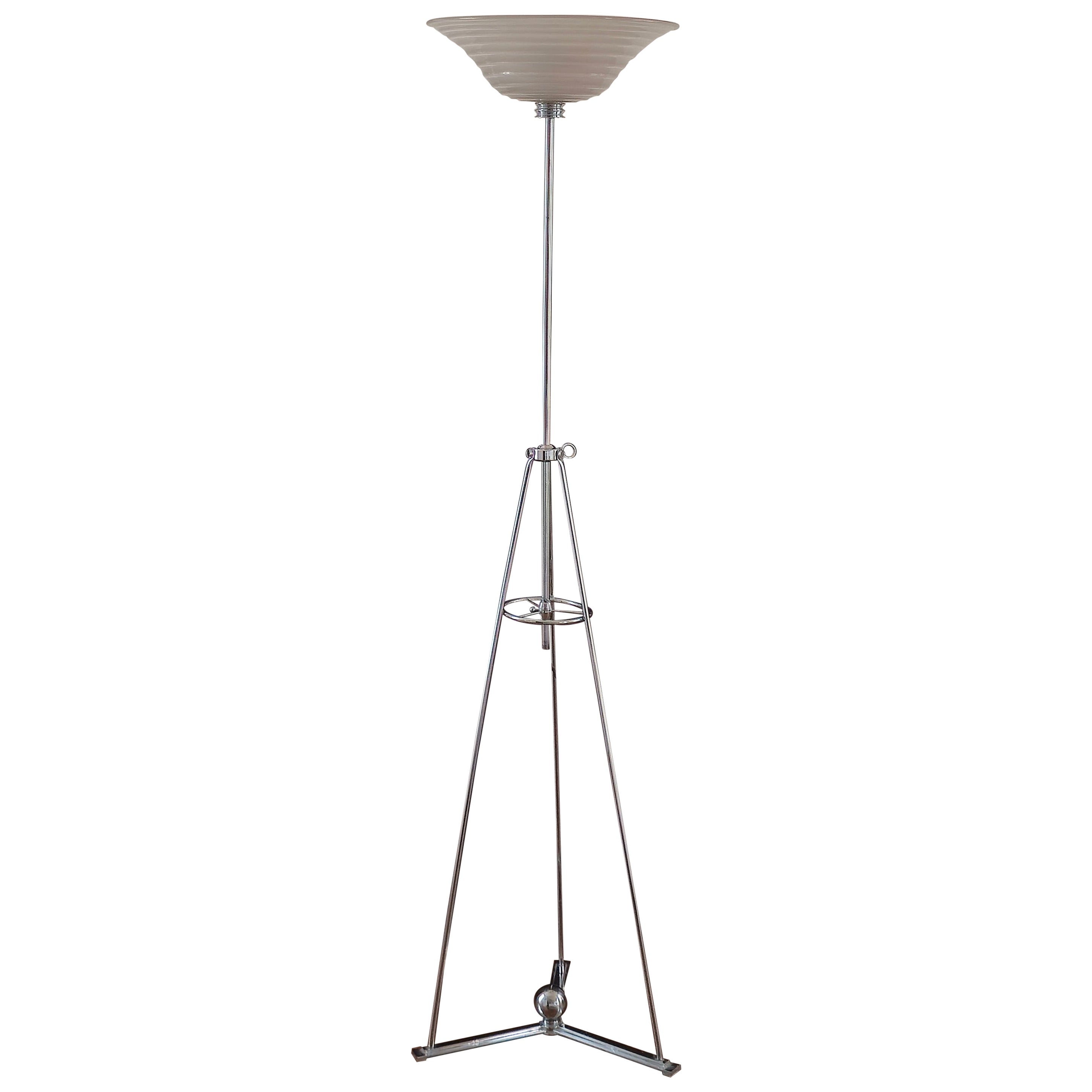 Art Deco Constructivist Chrome and Glass Tripod Floor Lamp For Sale