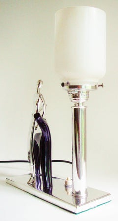 Italian Art Deco Chrome & Black Figural, Lady & Dog Accent Lamp with Glass Shade