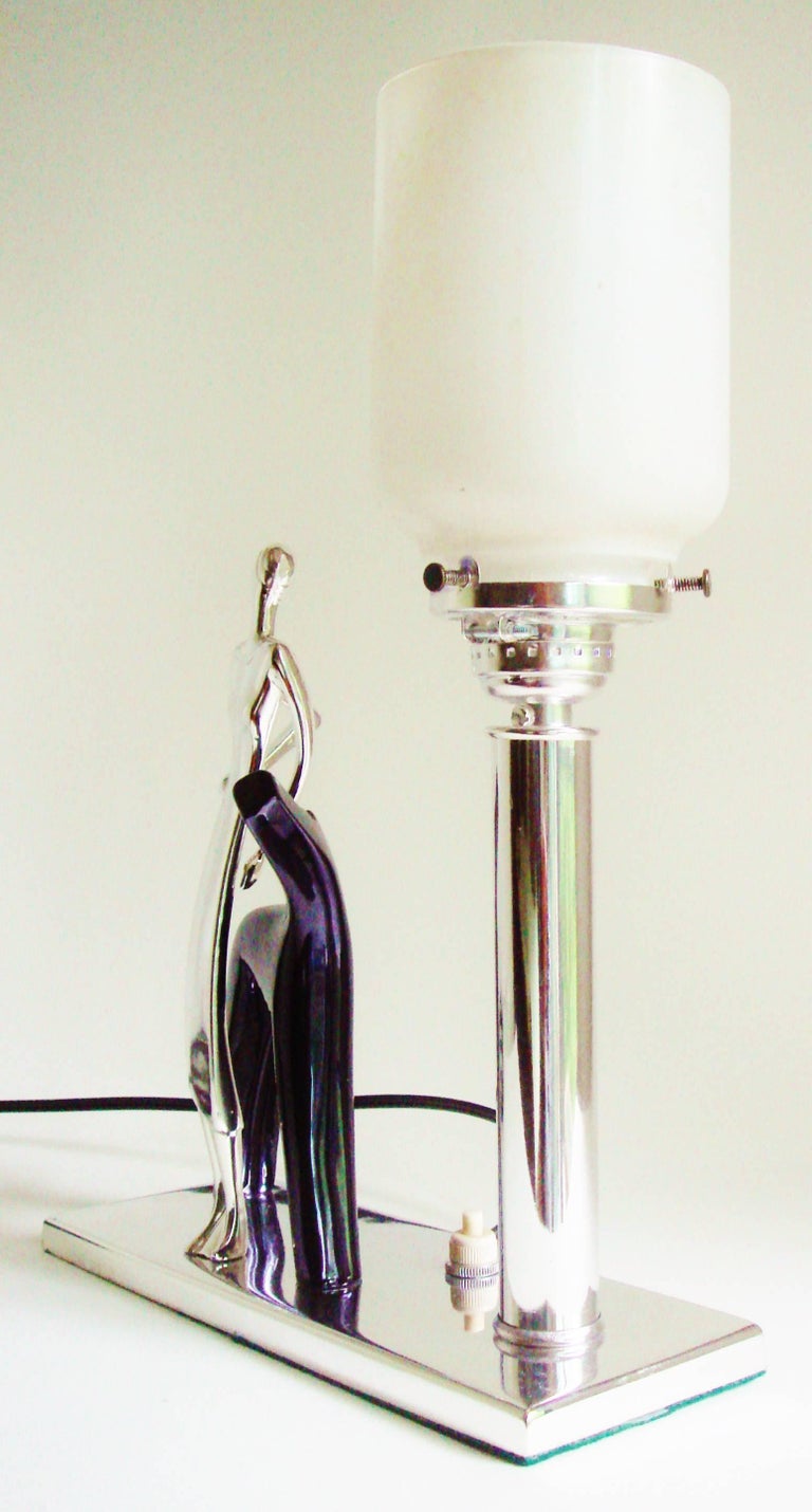 Italian Art Deco Chrome and Black Figural, Lady and Dog Accent Lamp