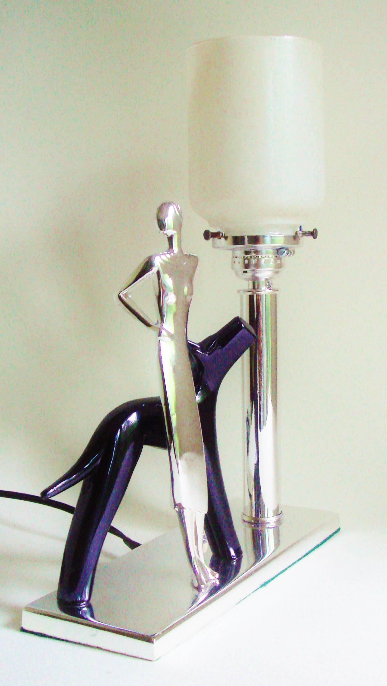 Enameled Italian Art Deco Chrome & Black Figural, Lady & Dog Accent Lamp with Glass Shade