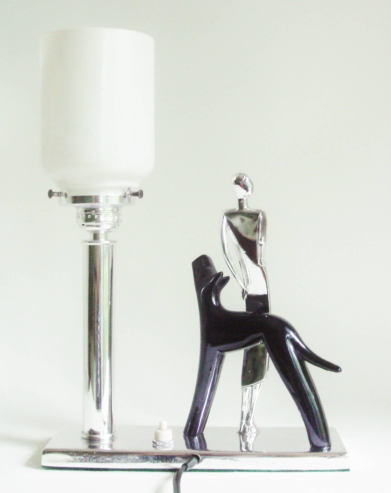 Italian Art Deco Chrome & Black Figural, Lady & Dog Accent Lamp with Glass Shade In Excellent Condition In Port Hope, ON