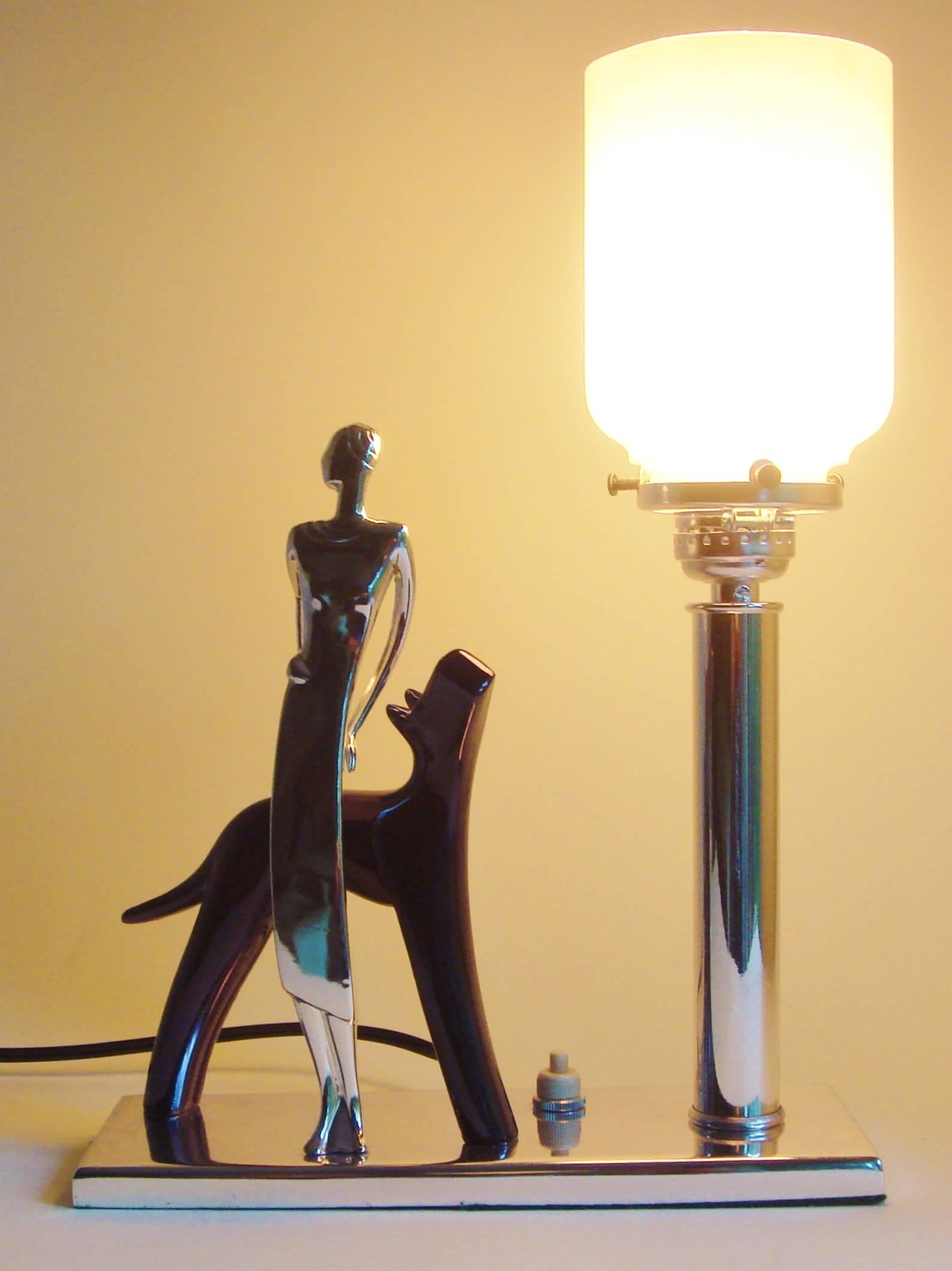Italian Art Deco Chrome & Black Figural, Lady & Dog Accent Lamp with Glass Shade 1