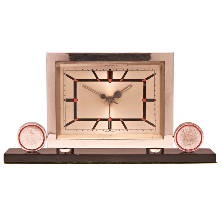 Italian Art Deco Chrome Veglia Mechanical Alarm Clock with Red and