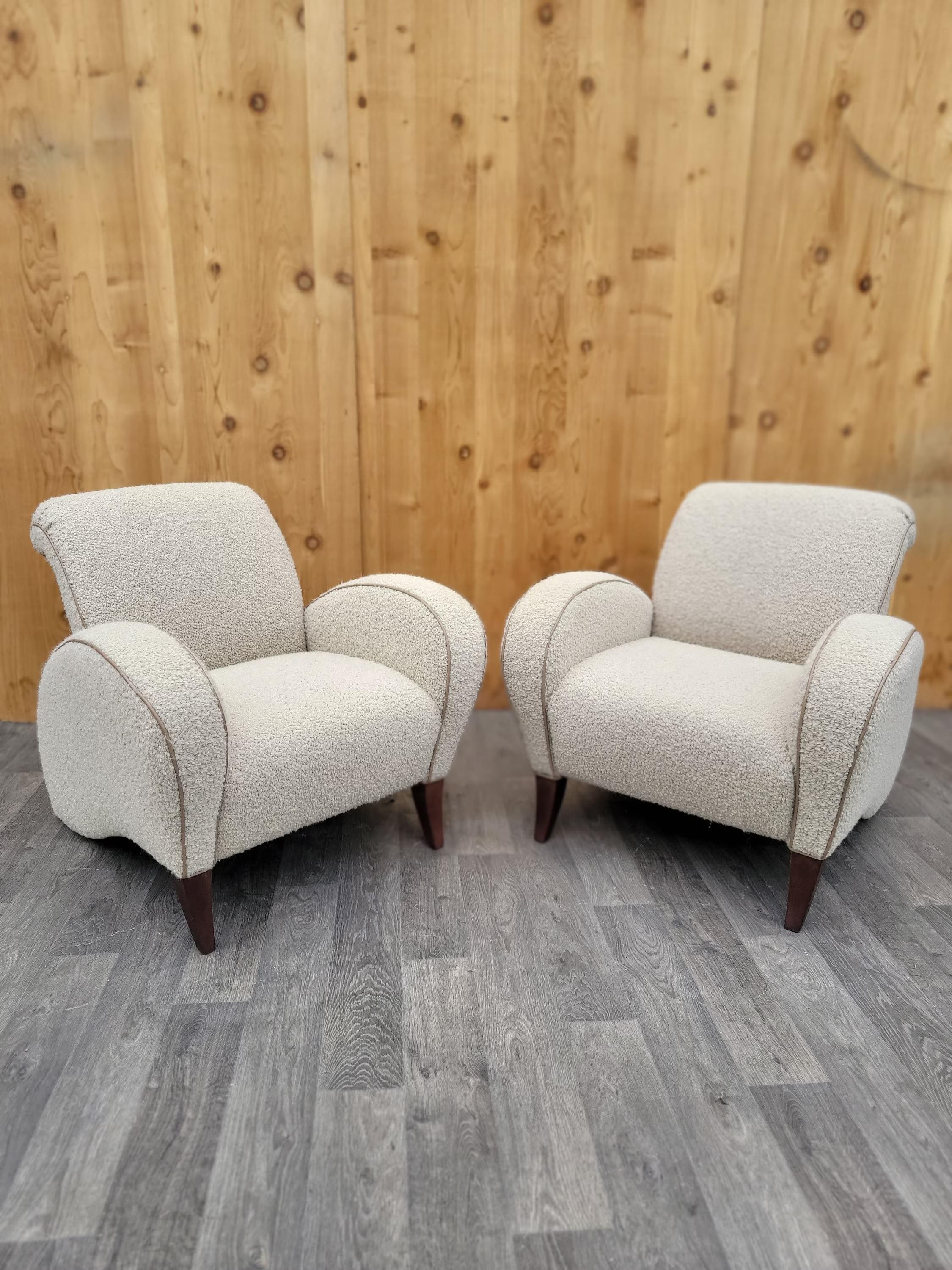 Vintage Italian Art Deco Club Chairs Newly Upholstered In Sheeps-Wool Boucle with Italian Leather Trim Finish - Pair 

This pair of Vintage Italian Art Deco Club Chairs, attributed to Jindřich Halabala, is truly exceptional. The curved arm and