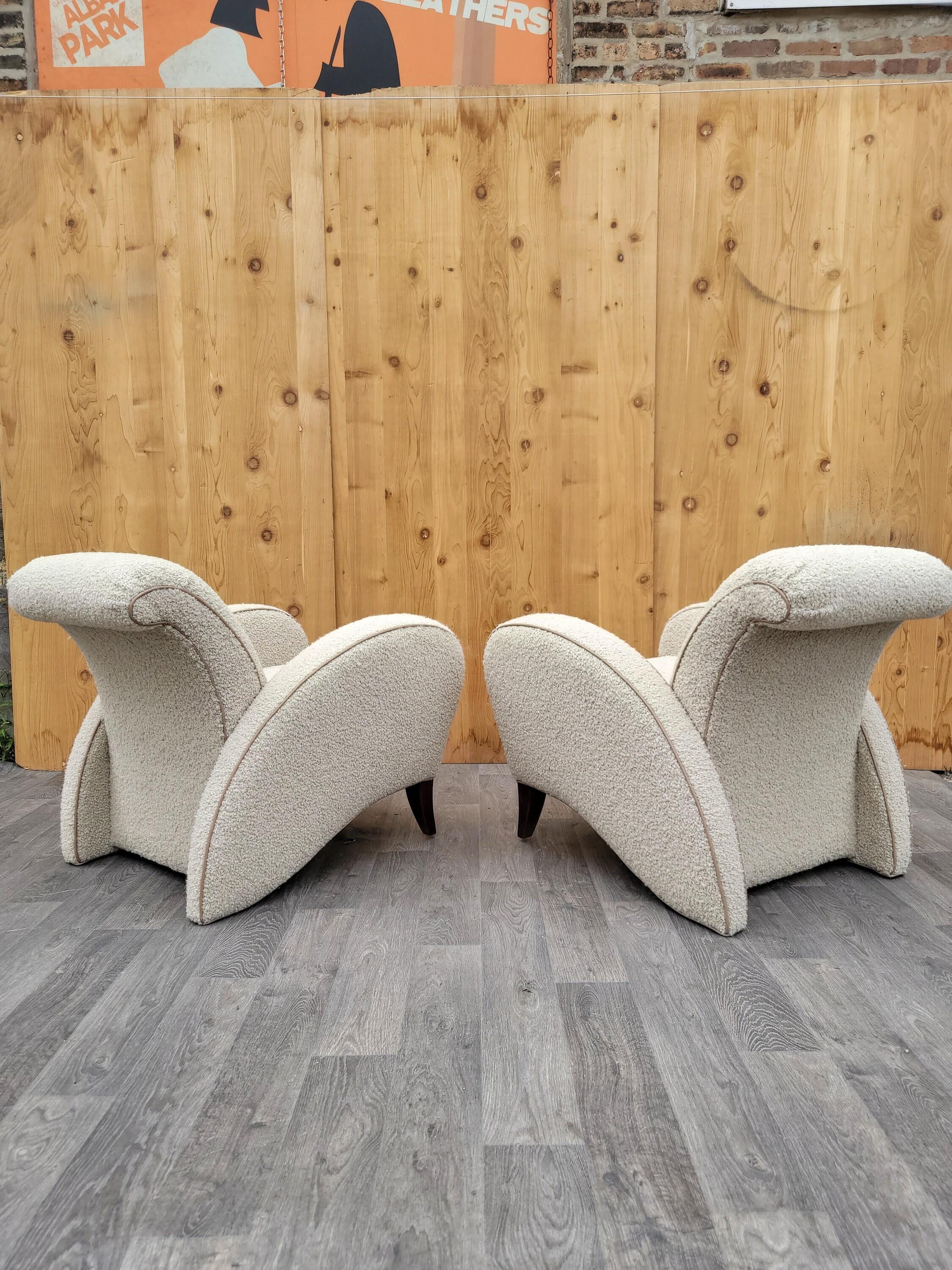 Italian Art Deco Club Chairs in Wool Boucle with Italian Leather Trim - Pair In Good Condition In Chicago, IL
