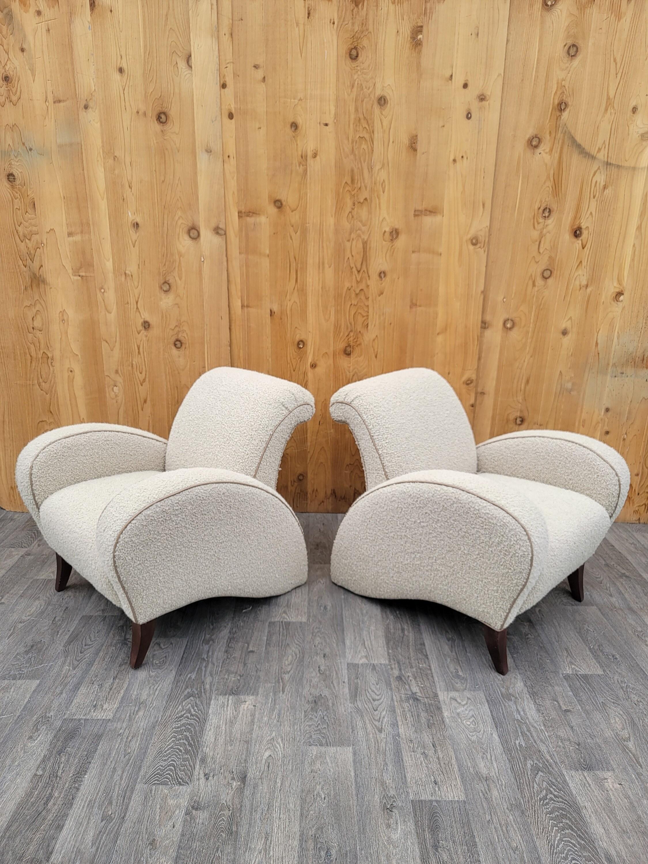 20th Century Italian Art Deco Club Chairs in Wool Boucle with Italian Leather Trim - Pair
