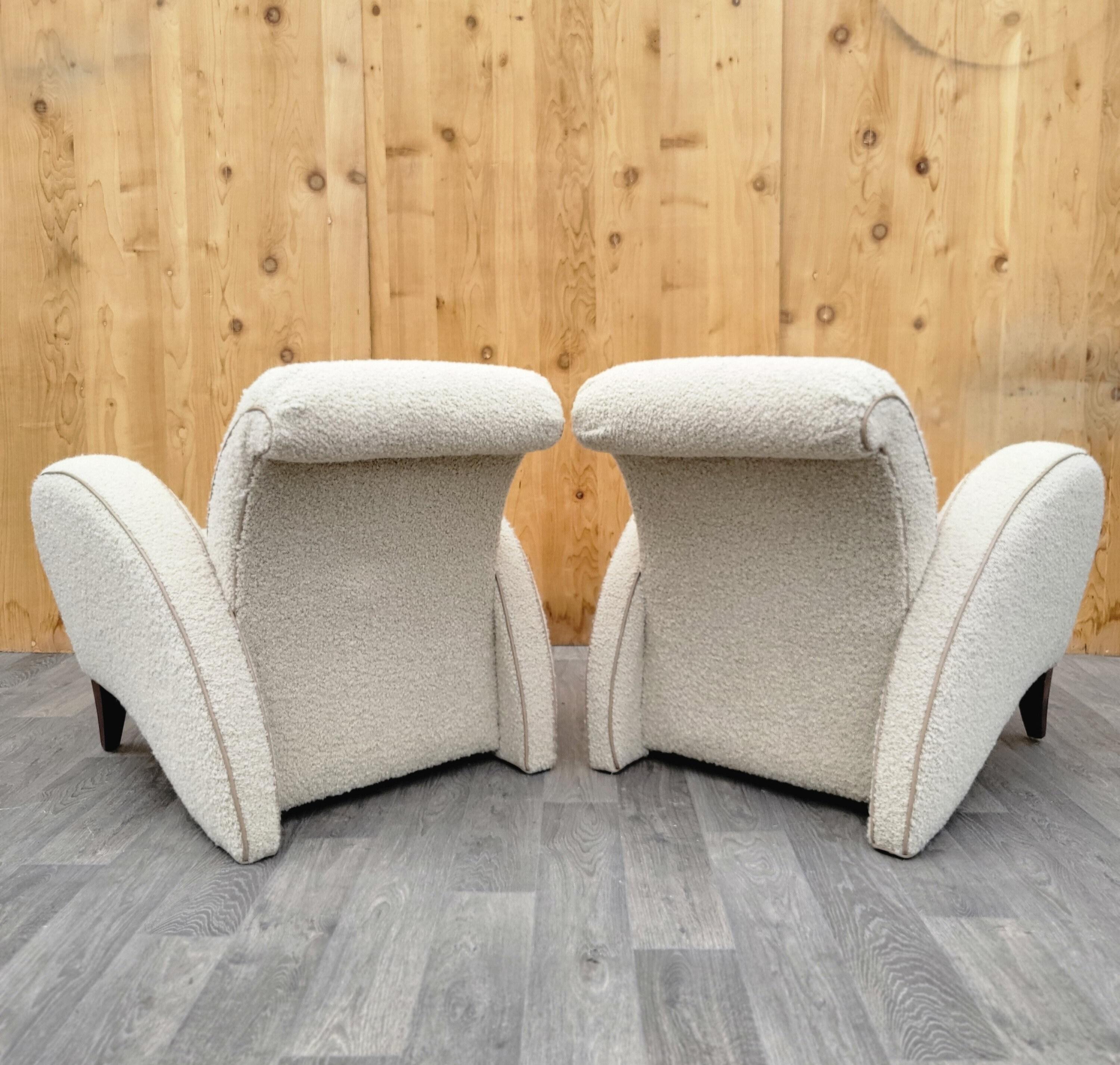 Italian Art Deco Club Chairs in Wool Boucle with Italian Leather Trim - Pair 2