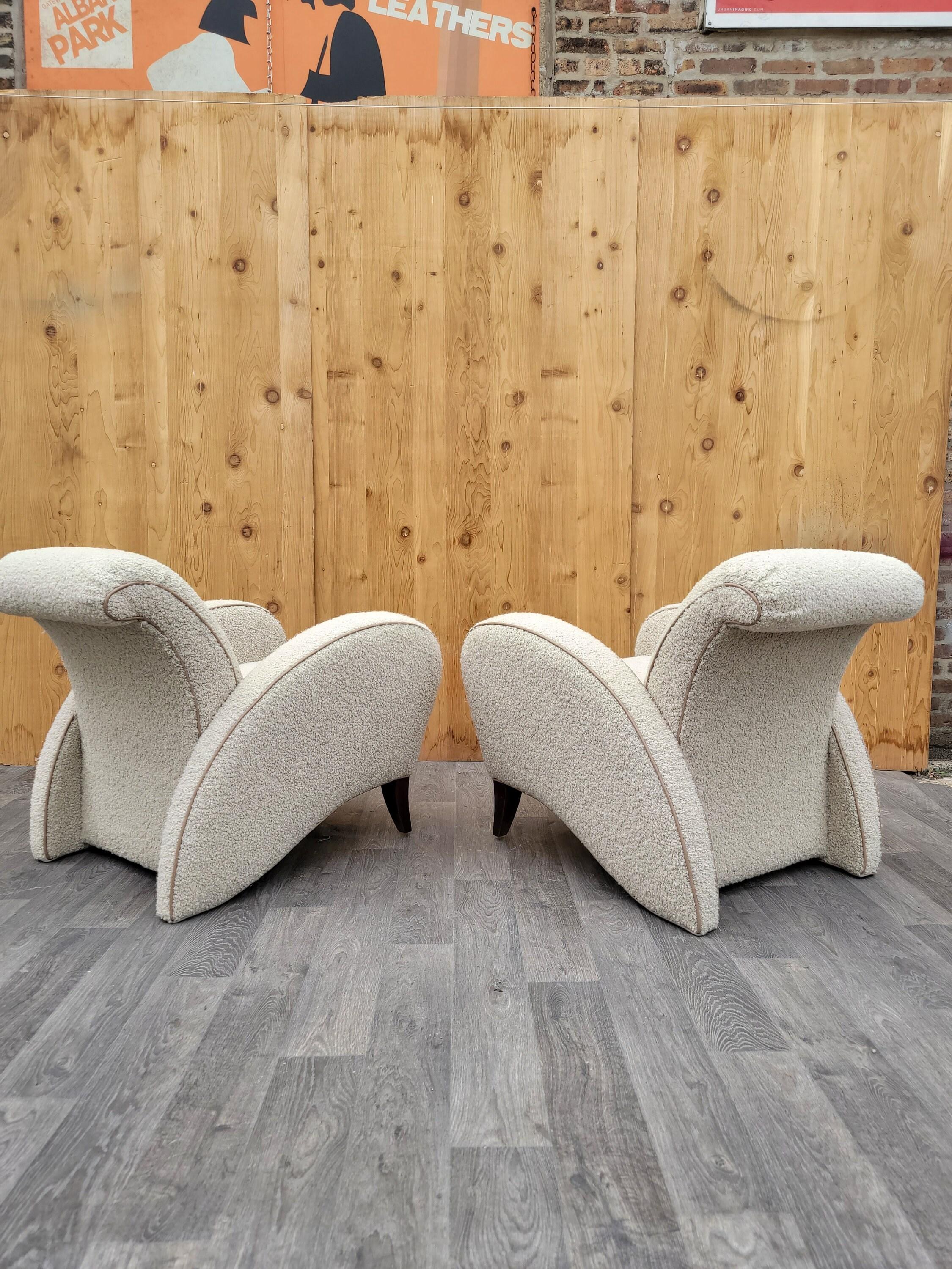 Italian Art Deco Club Chairs in Wool Boucle with Italian Leather Trim - Pair 4