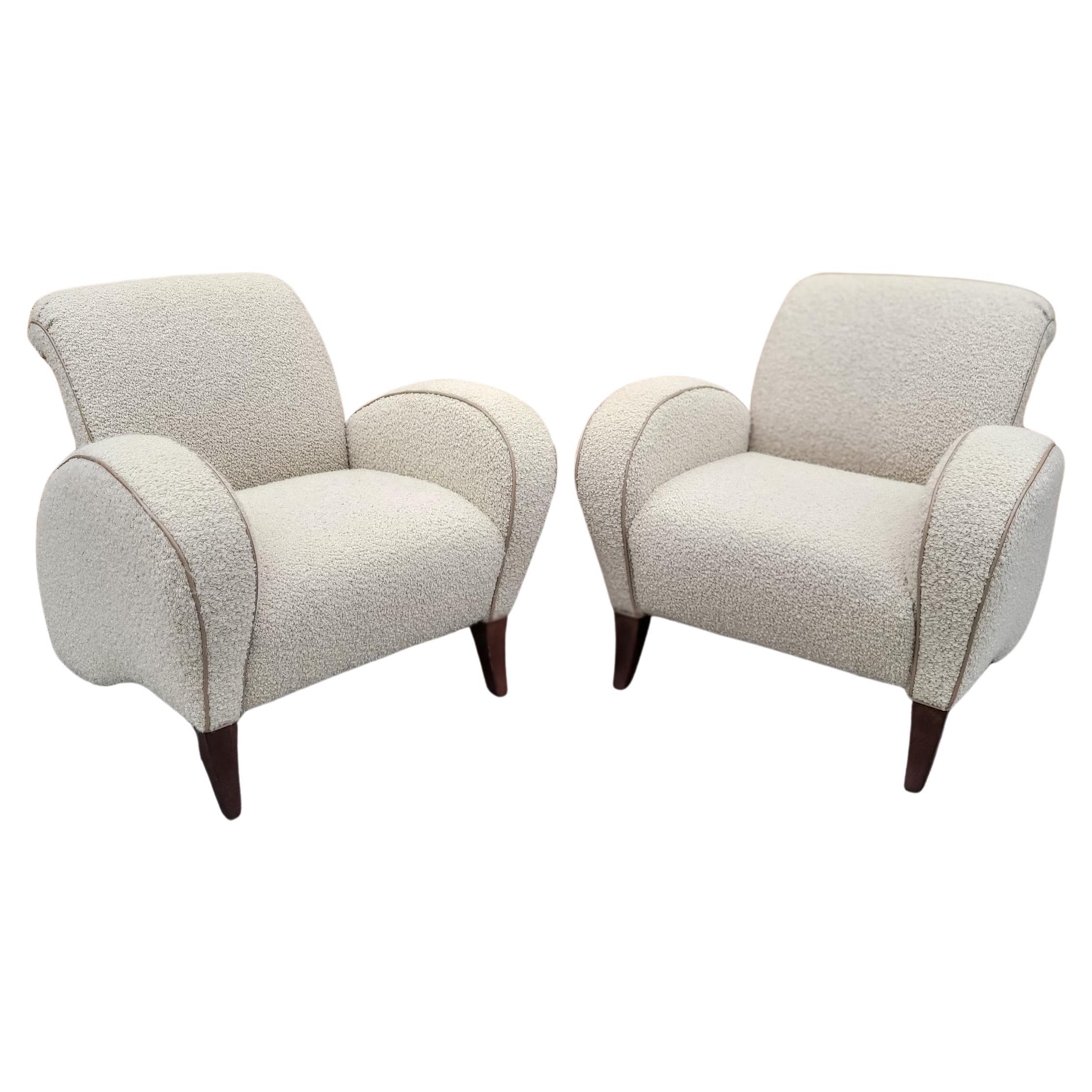 Italian Art Deco Club Chairs in Wool Boucle with Italian Leather Trim - Pair