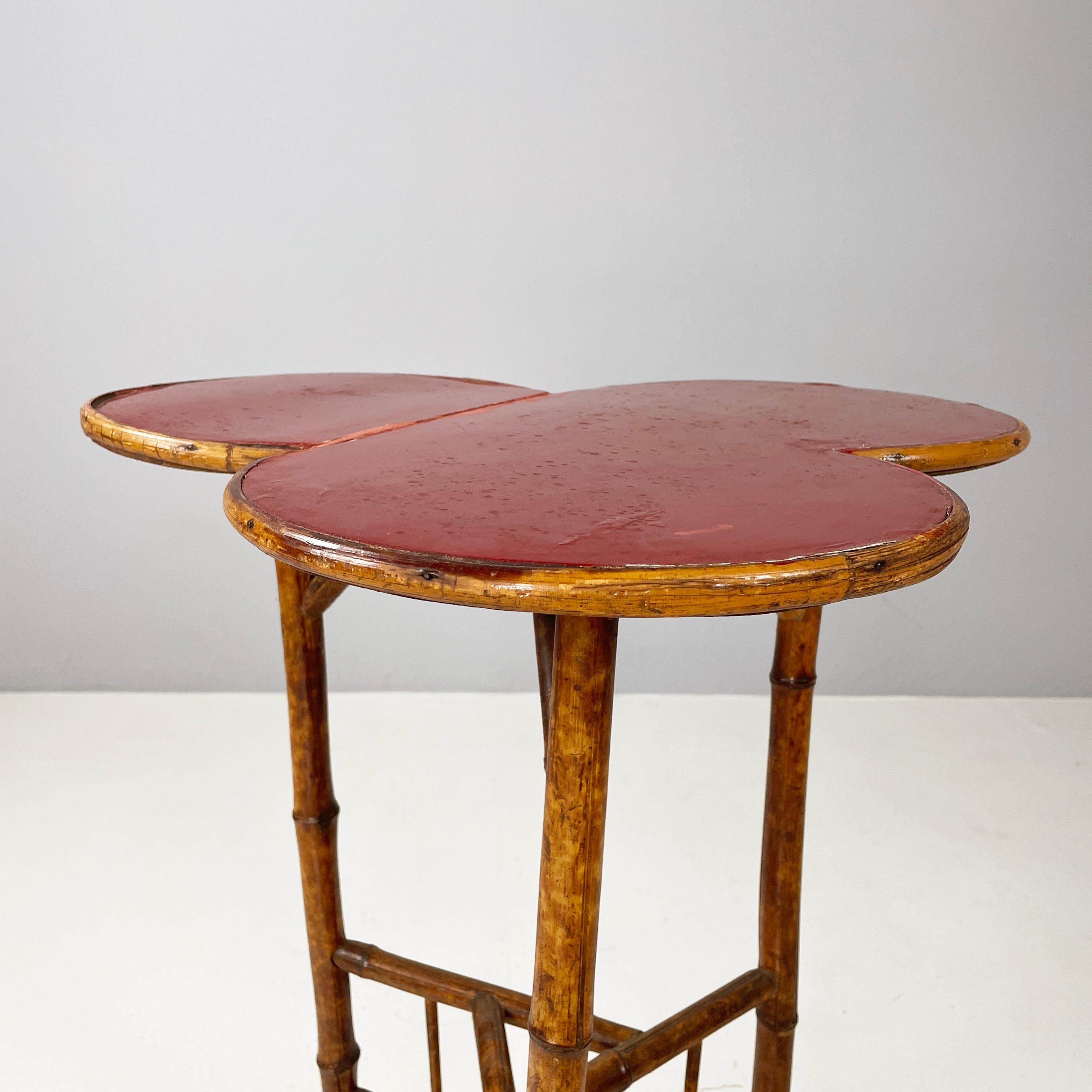 Italian art deco Coffee table with red wood clover top and bamboo, 1900-1950s For Sale 6
