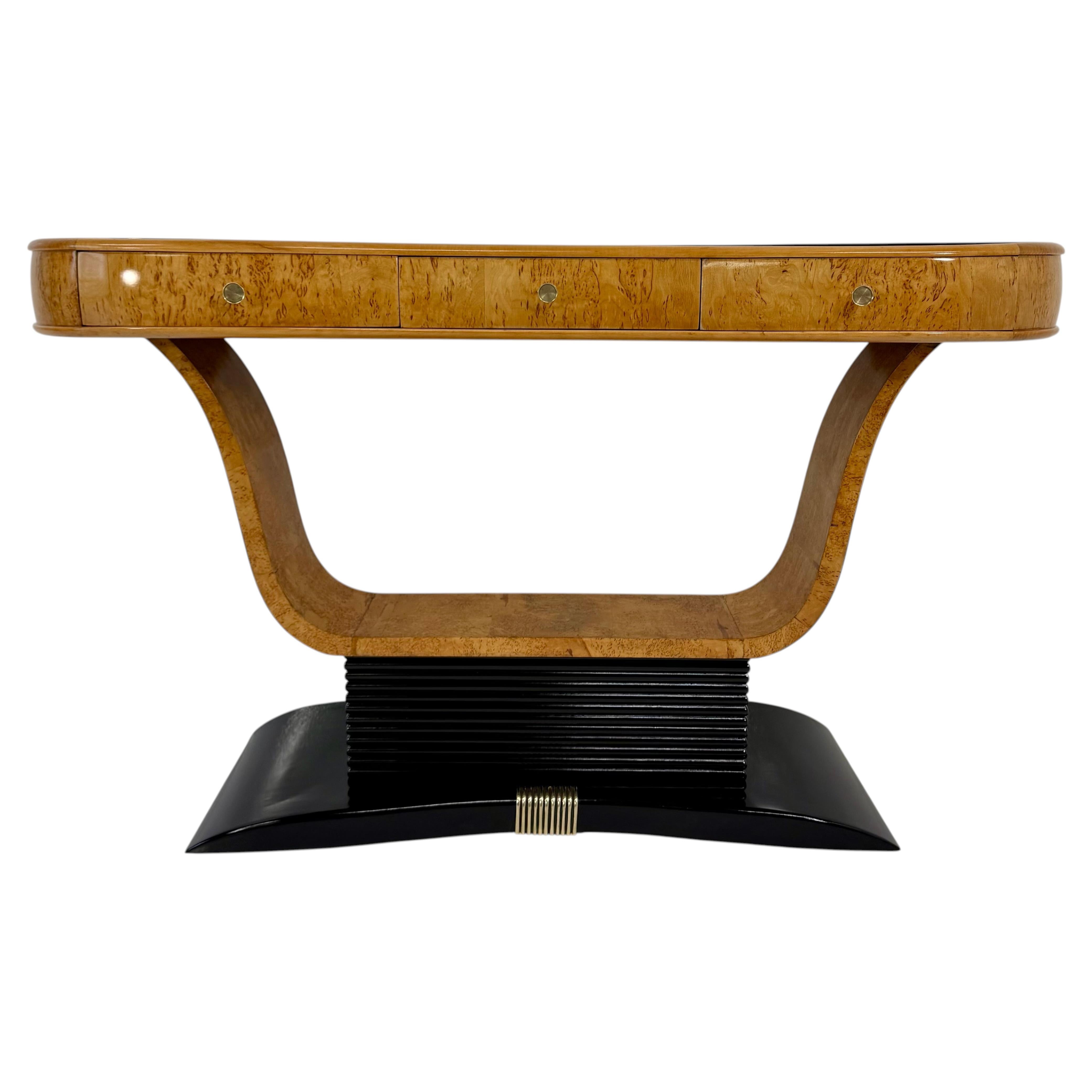 Italian Art Deco Console in Birch Burl and Black Lacquer, Attr. to Borsani, 40s