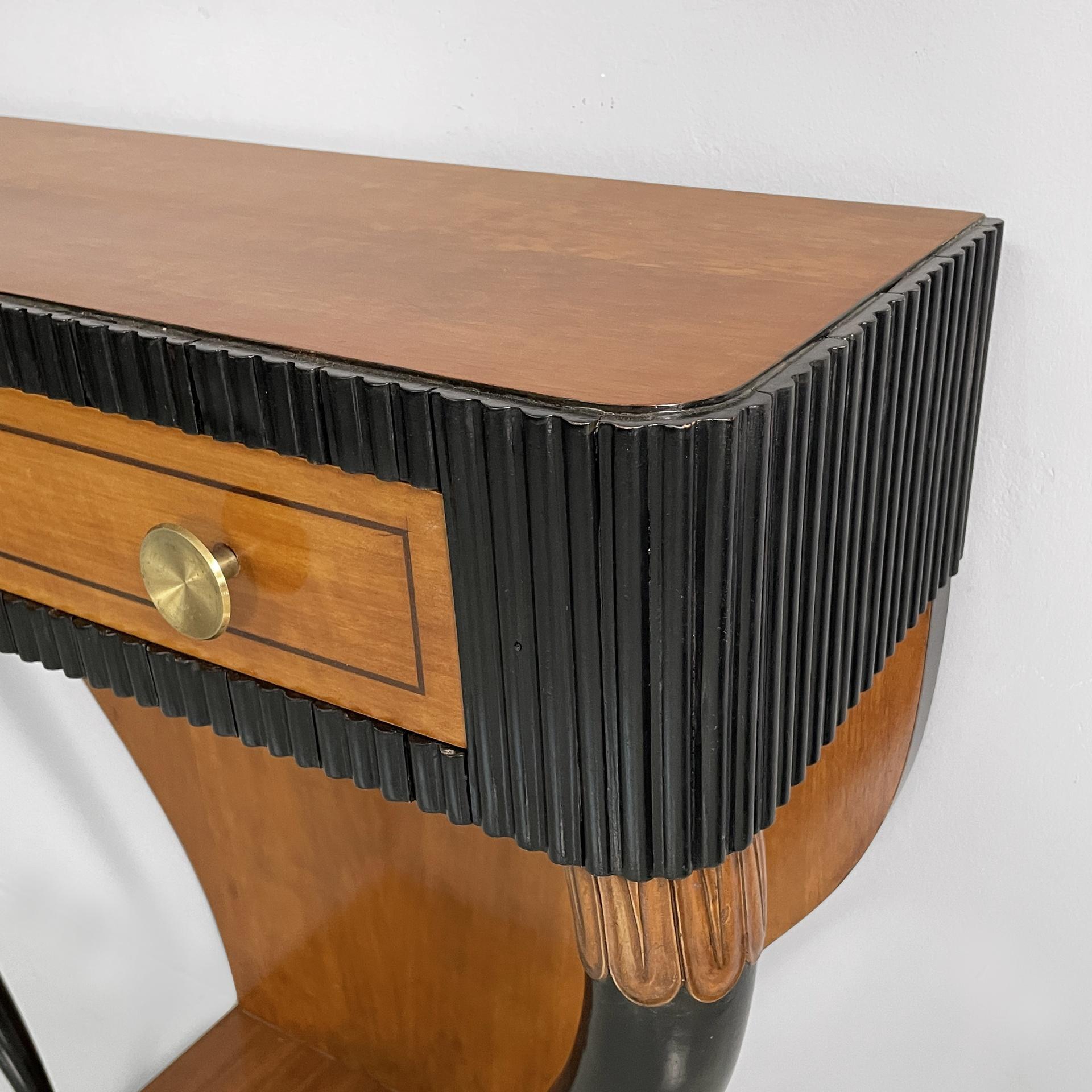 Brass Italian Art Deco console in grissinato black wood, 1930s For Sale