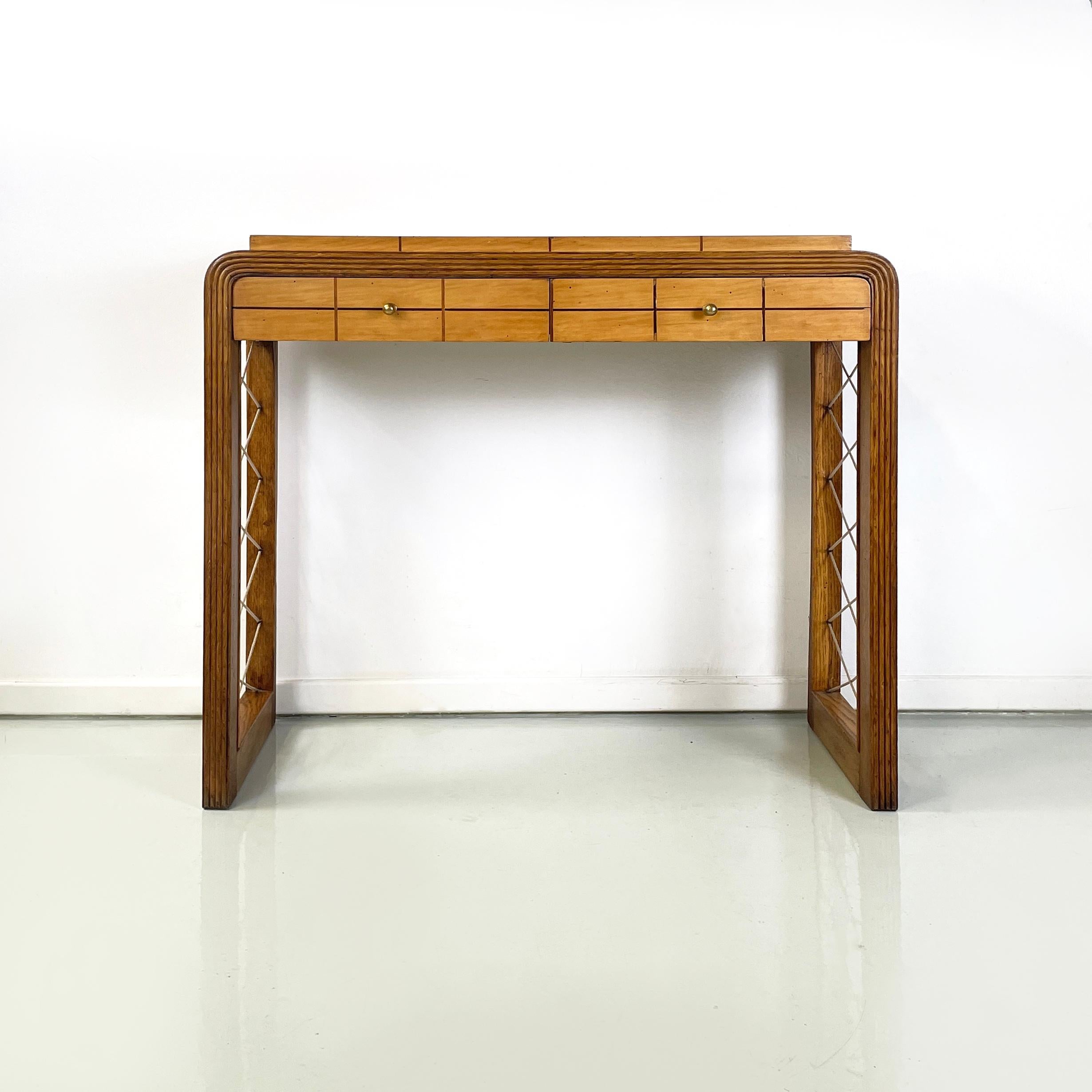 Art Deco Italian art deco Console in wood with rope geometrical details, 1950s For Sale