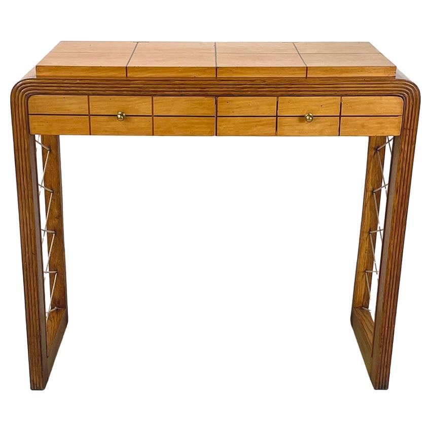 Italian art deco Console in wood with rope geometrical details, 1950s For Sale