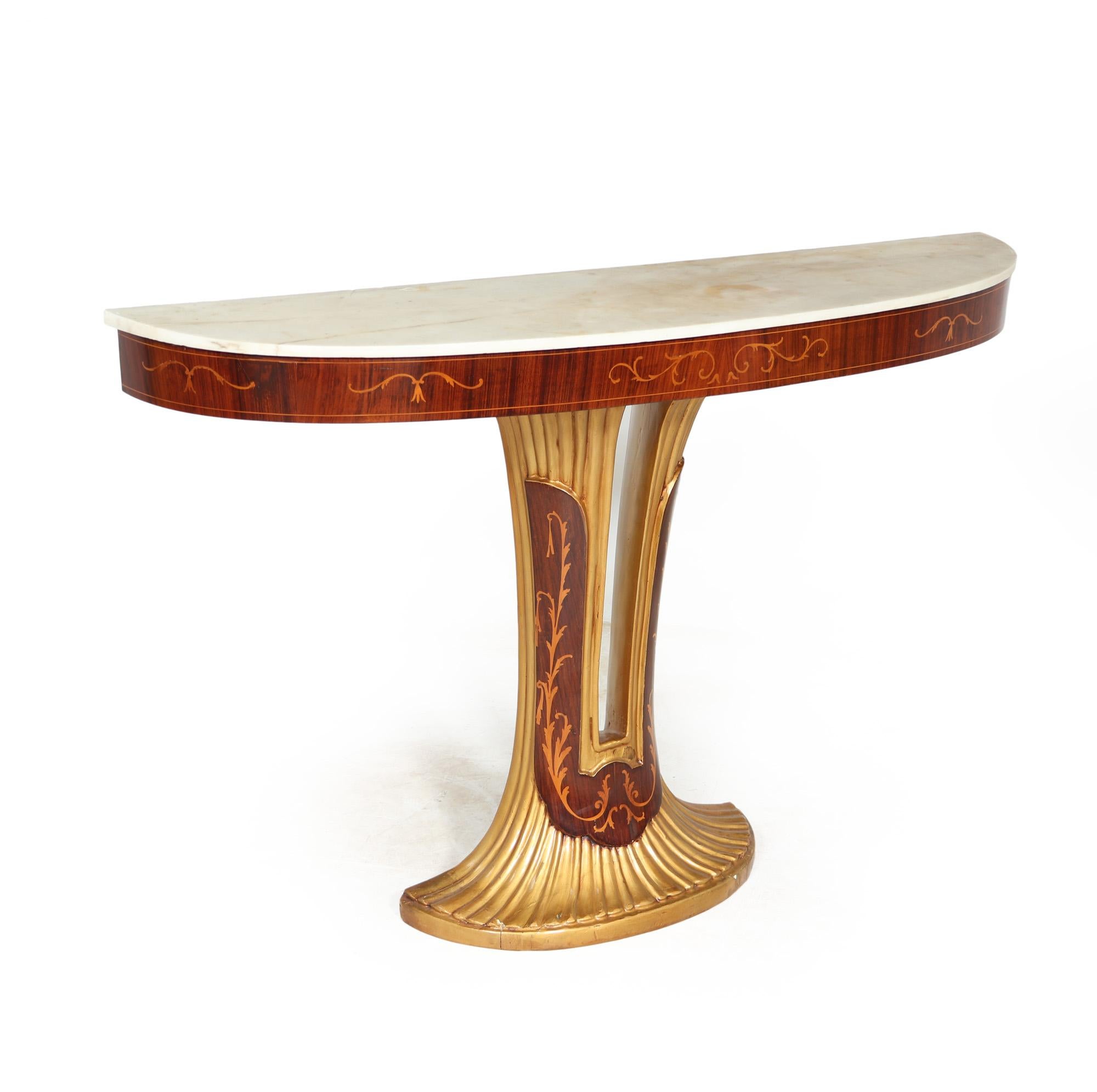 ART DECO CONSOLE TABLE 
A pretty inlaid console table produced in Italy in the 1940’s with original white marble onyx top, beautiful flowing design and with great attention to detail. The console table has had light restorations and carefully