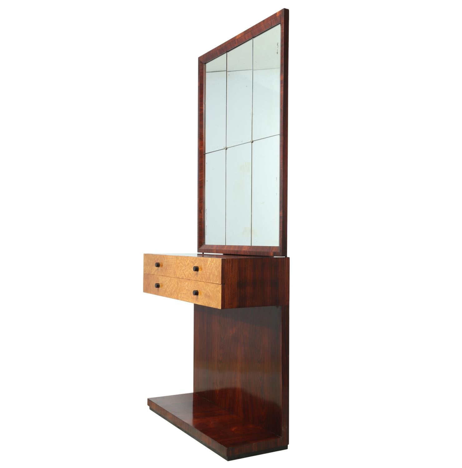 Italian Art Deco console table with mirror, circa 1930
A very stylish Art Deco rosewood and bird's-eye maple console table with rosewood mirror above, this has four drawers and black wooden handles, the console and mirror frame has been fully