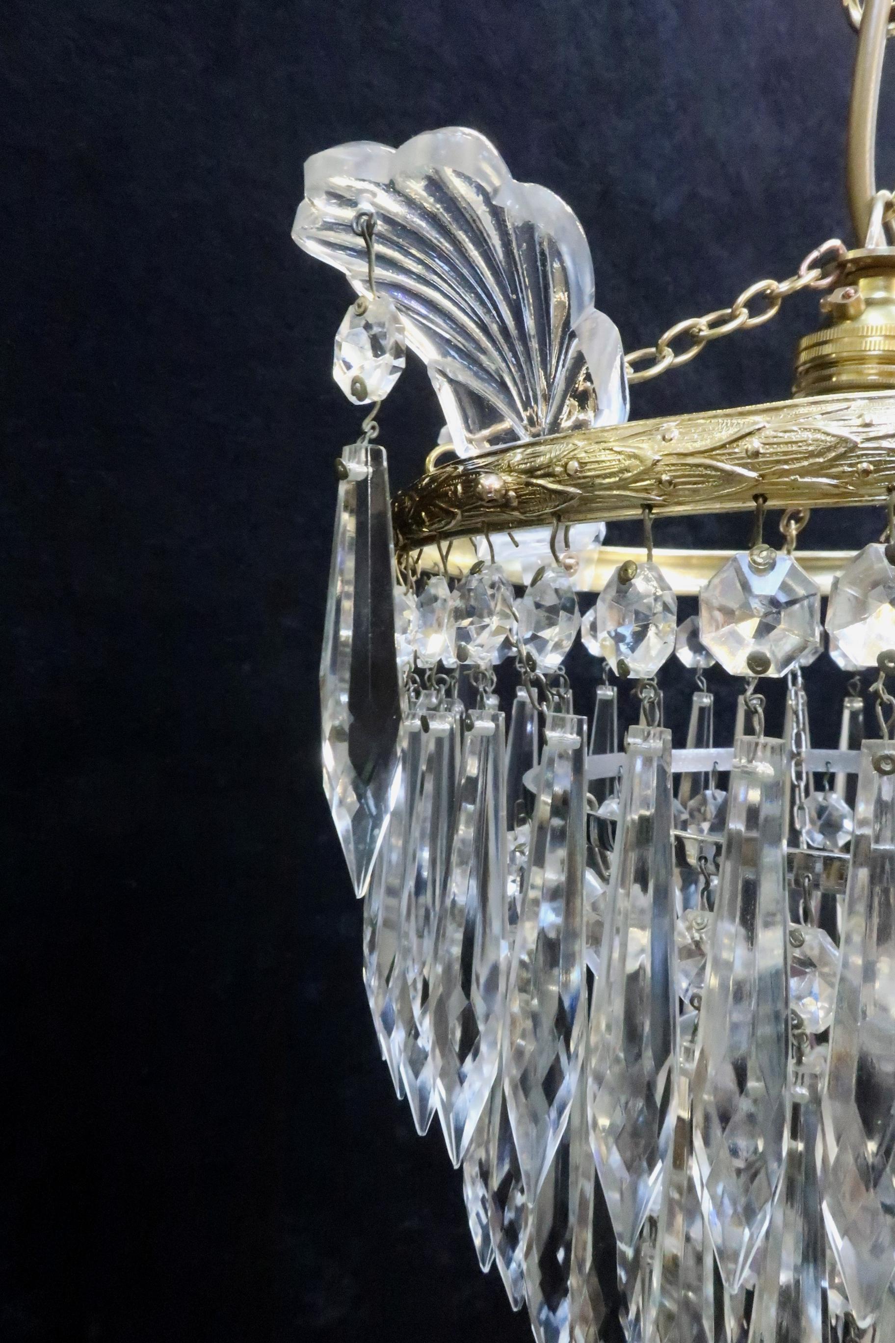 Brass Italian Art Deco Crystal Glass Three-Tier Chandelier