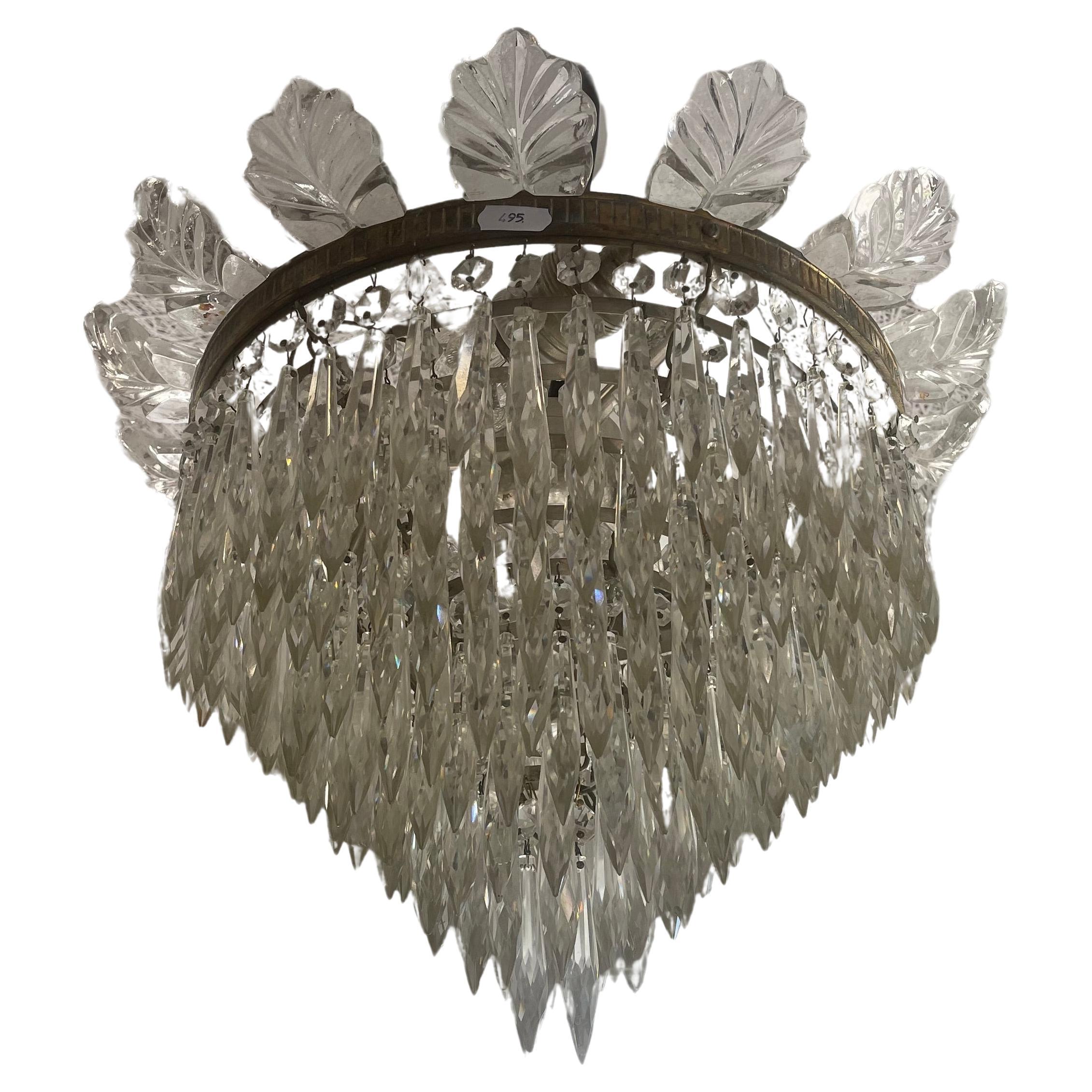 Italian Art Deco Crystal Plafonnier Chandelier with 100 Prisms, 1920s im Angebot