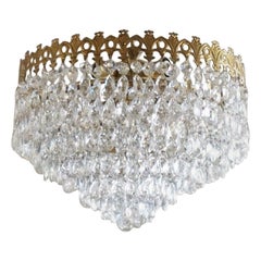 Retro Italian Art Deco Crystal Waterfall Ceiling Light Gilt Brass Frame, 1930-1939