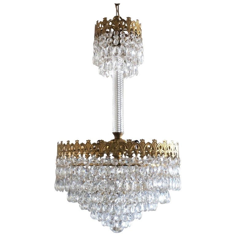 Italian Art Deco Crystal Waterfall Chandelier Gilt Brass Mounted, 1930-1939  For Sale at 1stDibs