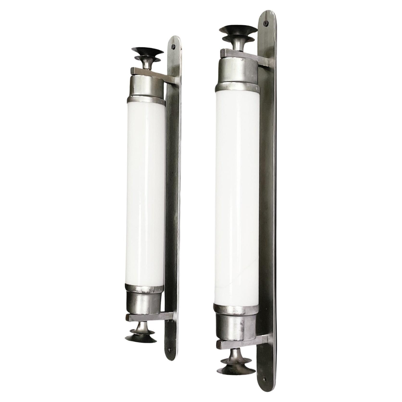 Italian Art Deco cylindrical wall lamps in opaline glass and metal, 1930s in vendita