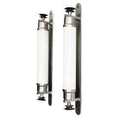 Italian Art Deco cylindrical wall lamps in opaline glass and metal, 1930s